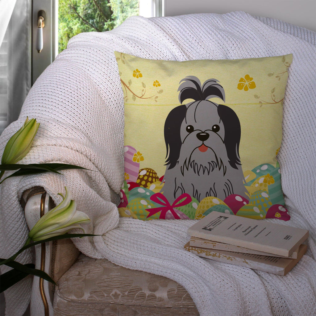Easter Eggs Shih Tzu Black Silver Decorative Throw Pillow 14x14 Indoor Outdoor Accent Cushion, Fabric Cover with Insert for Sofa, Bed, Porch & Living Room