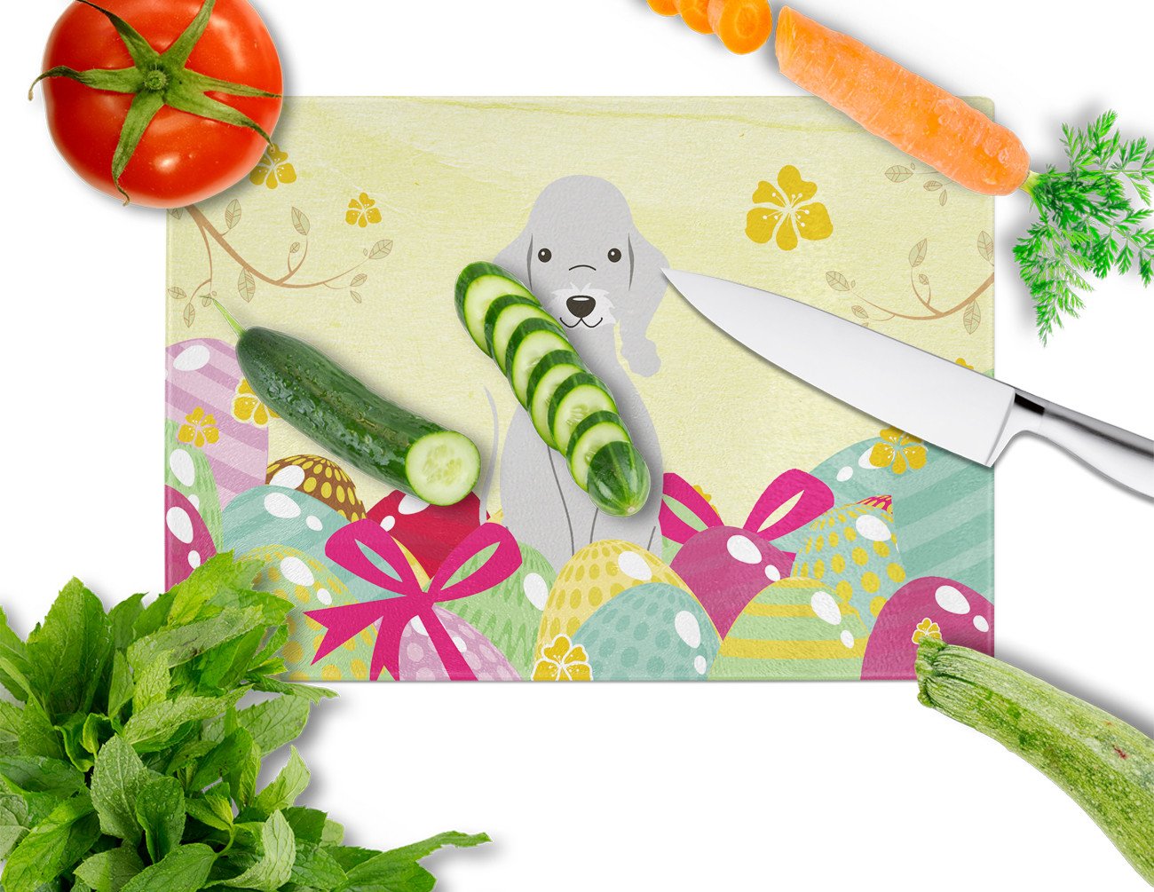 Easter Eggs Bedlington Terrier Blue Cutting Board Tempered Glass Kitchen Cutting Surface, Heat Resistant Chopping, Non-Slip Feet, Food Prep & Serving