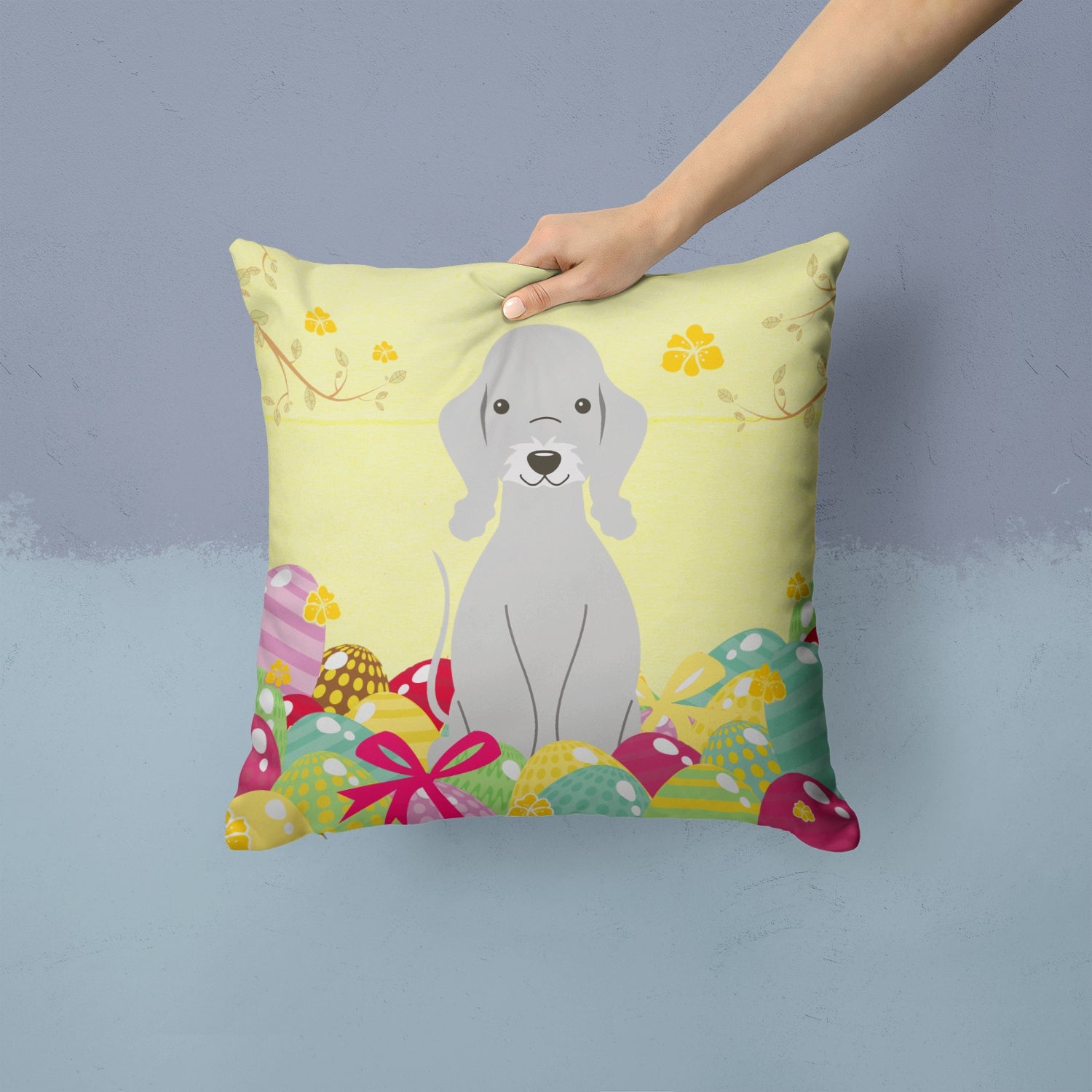 Easter Eggs Bedlington Terrier Blue Decorative Throw Pillow 14x14 Indoor Outdoor Accent Cushion, Fabric Cover with Insert for Sofa, Bed, Porch & Living Room