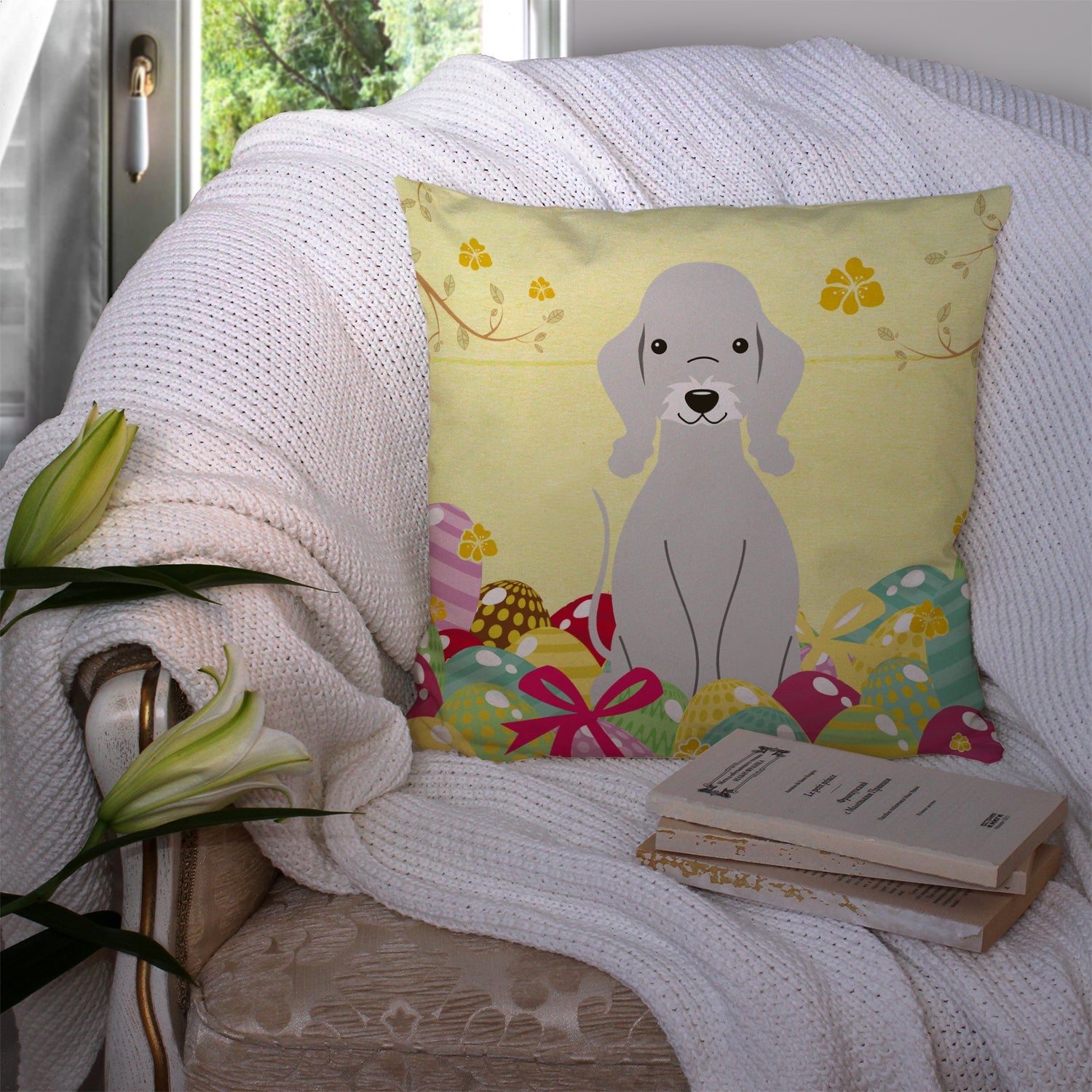 Easter Eggs Bedlington Terrier Blue Decorative Throw Pillow 14x14 Indoor Outdoor Accent Cushion, Fabric Cover with Insert for Sofa, Bed, Porch & Living Room