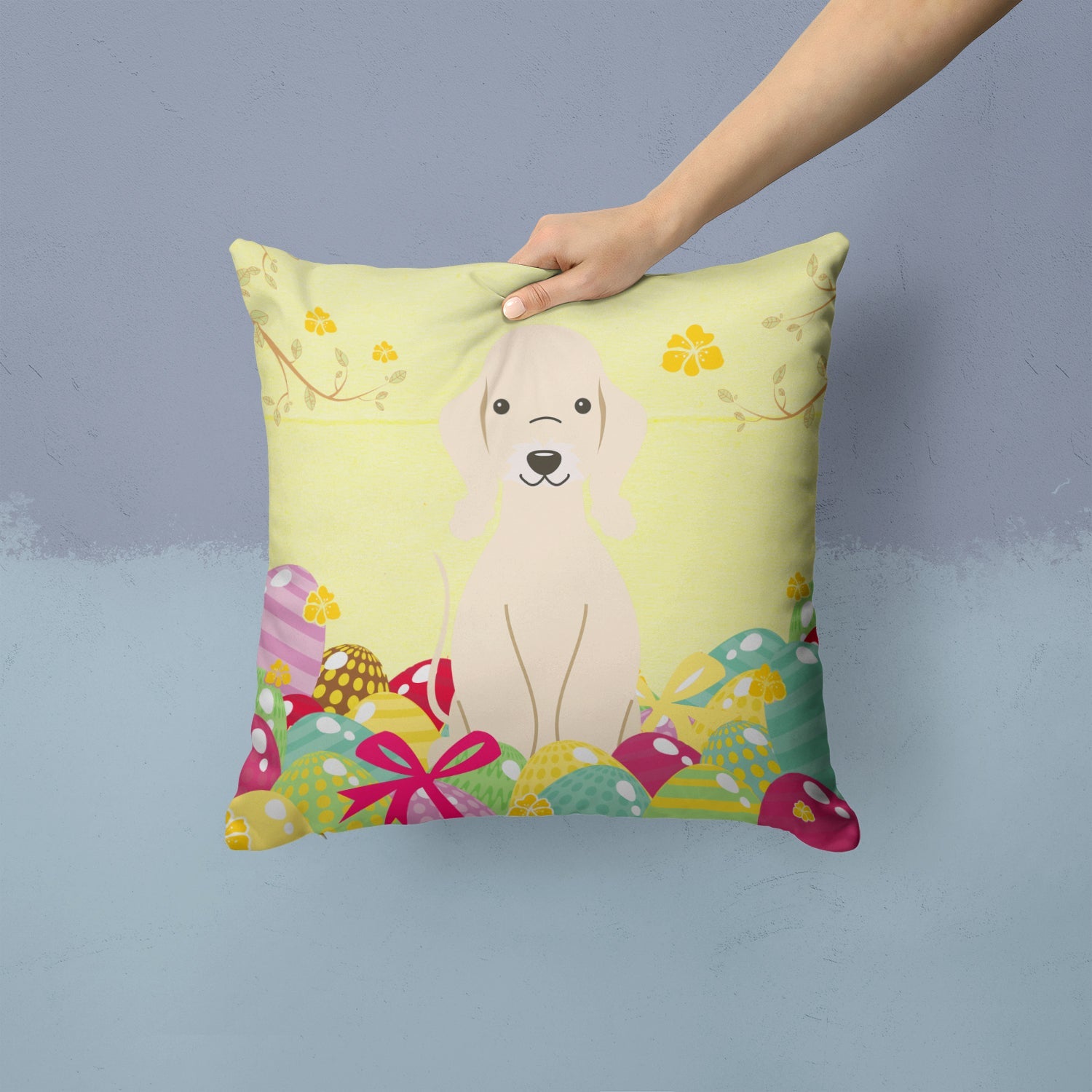 Easter Eggs Bedlington Terrier Sandy Decorative Throw Pillow 14x14 Indoor Outdoor Accent Cushion, Fabric Cover with Insert for Sofa, Bed, Porch & Living Room