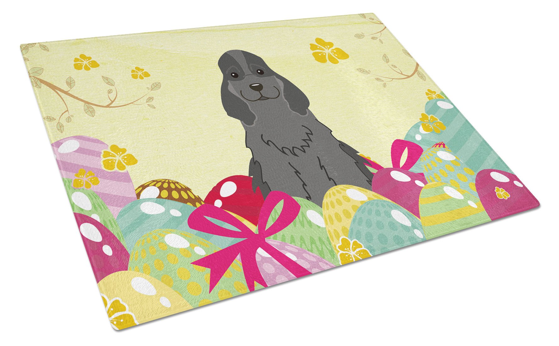 Easter Eggs Cocker Spaniel Black Cutting Board Tempered Glass Kitchen Cutting Surface, Heat Resistant Chopping, Non-Slip Feet, Food Prep & Serving