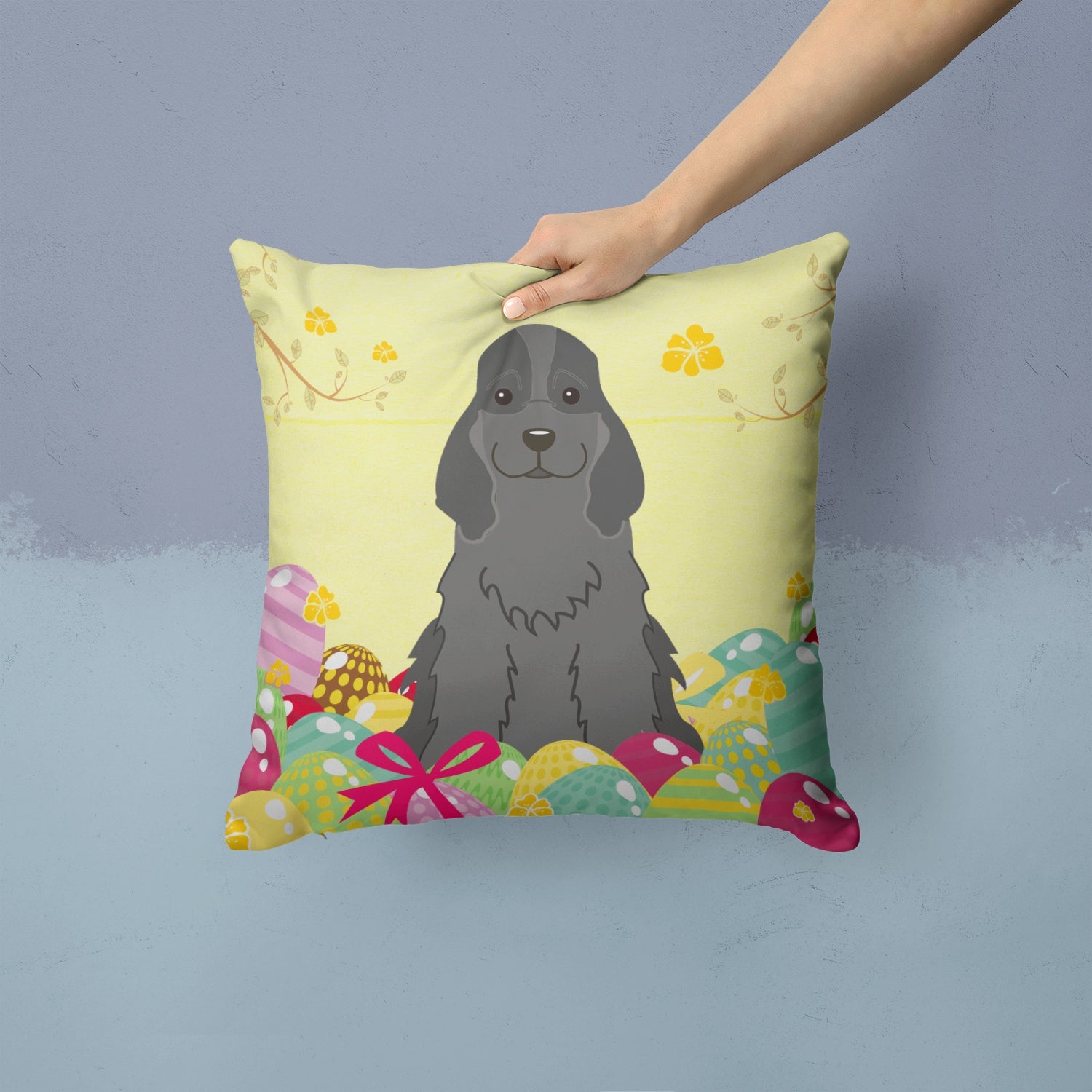 Easter Eggs Cocker Spaniel Black Decorative Throw Pillow 14x14 Indoor Outdoor Accent Cushion, Fabric Cover with Insert for Sofa, Bed, Porch & Living Room