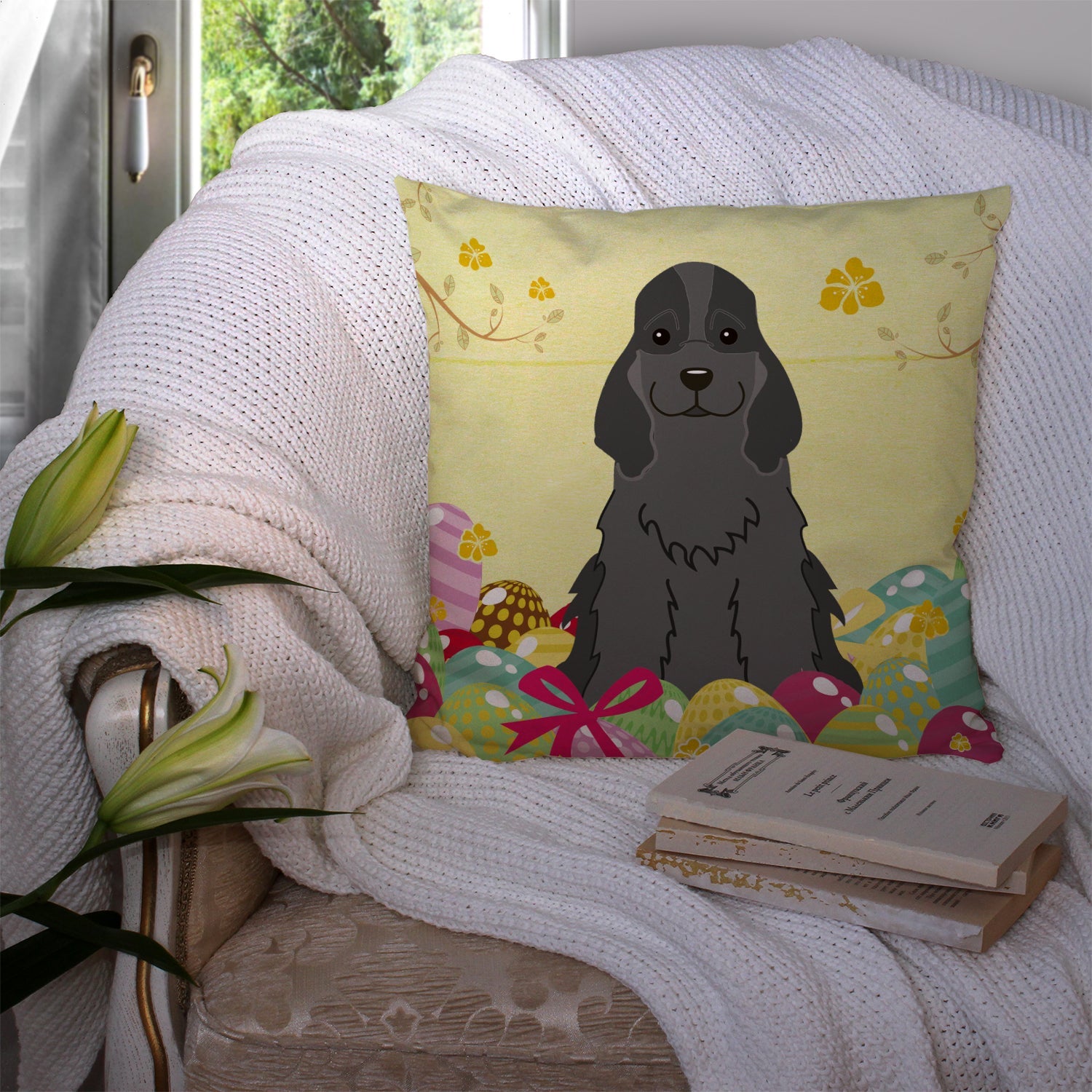 Easter Eggs Cocker Spaniel Black Decorative Throw Pillow 14x14 Indoor Outdoor Accent Cushion, Fabric Cover with Insert for Sofa, Bed, Porch & Living Room