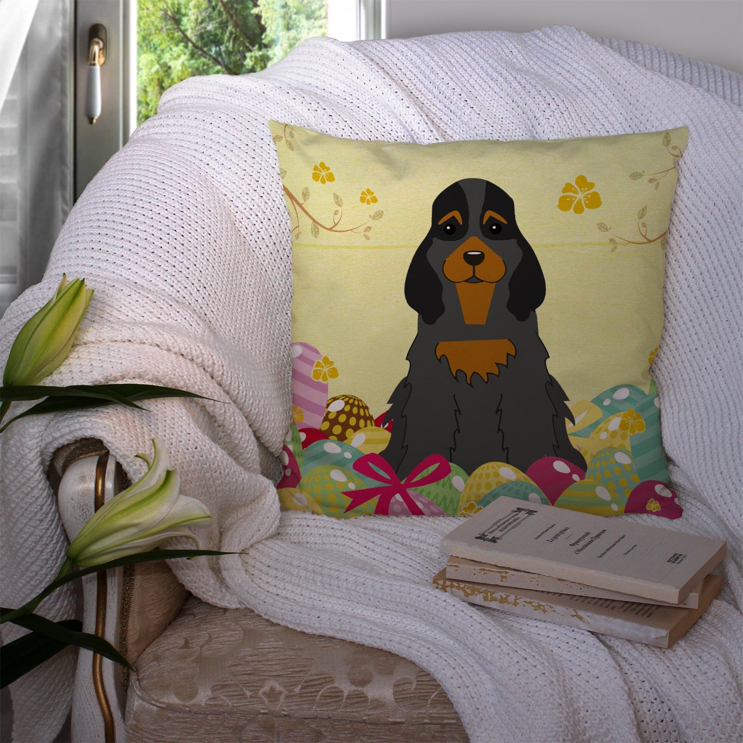 Easter Eggs Cocker Spaniel Black Tan Decorative Throw Pillow 14x14 Indoor Outdoor Accent Cushion, Fabric Cover with Insert for Sofa, Bed, Porch & Living Room