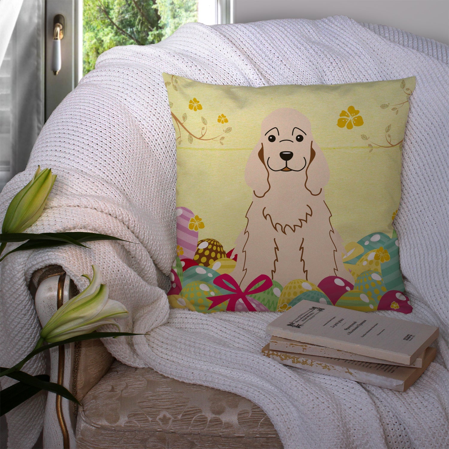 Easter Eggs Cocker Spaniel Buff Decorative Throw Pillow 14x14 Indoor Outdoor Accent Cushion, Fabric Cover with Insert for Sofa, Bed, Porch & Living Room