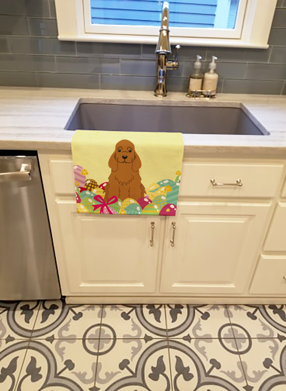 Easter Eggs Cocker Spaniel Red Kitchen Towel Velour Plush Front and Cotton Loop Back Machine Washable