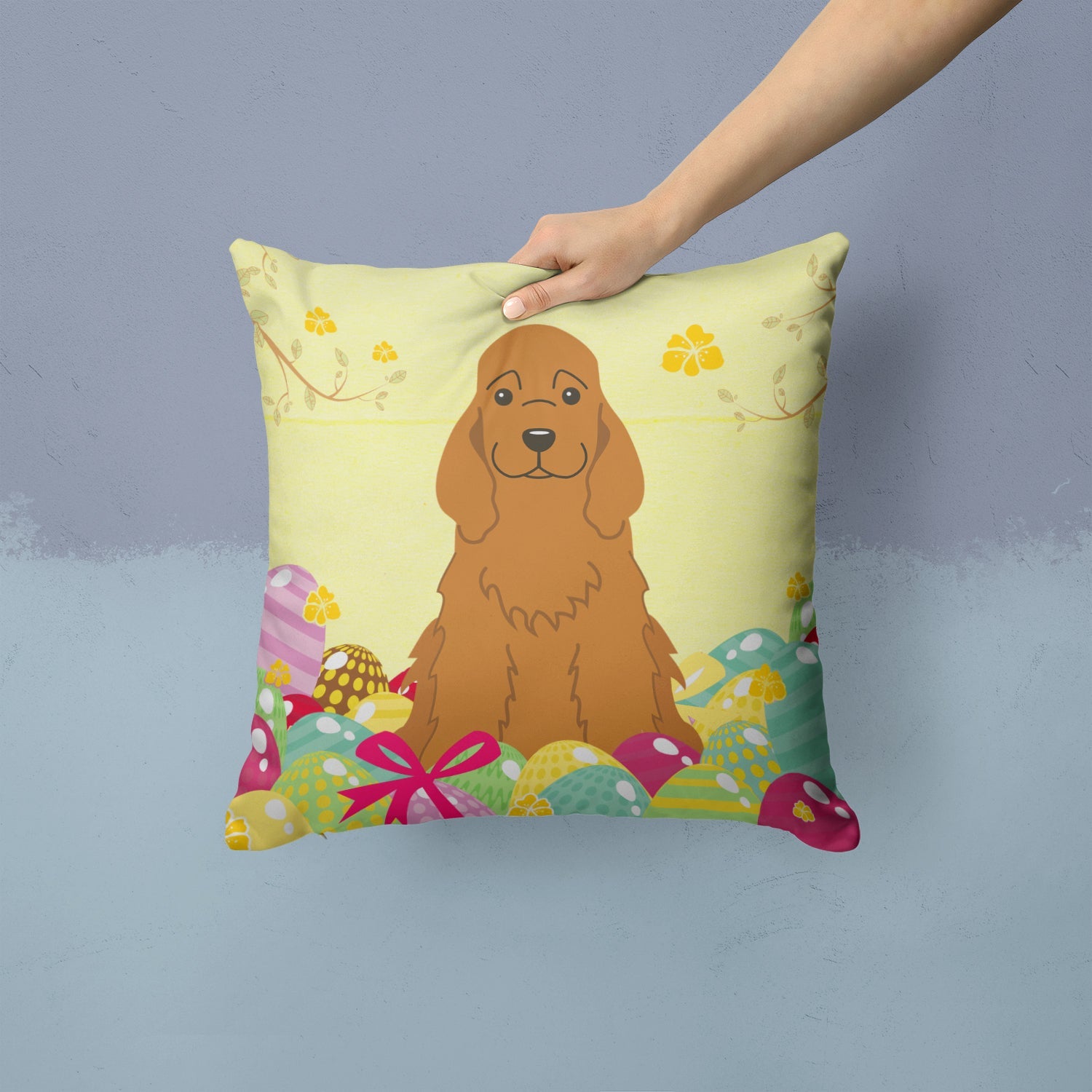 Easter Eggs Cocker Spaniel Red Decorative Throw Pillow 14x14 Indoor Outdoor Accent Cushion, Fabric Cover with Insert for Sofa, Bed, Porch & Living Room