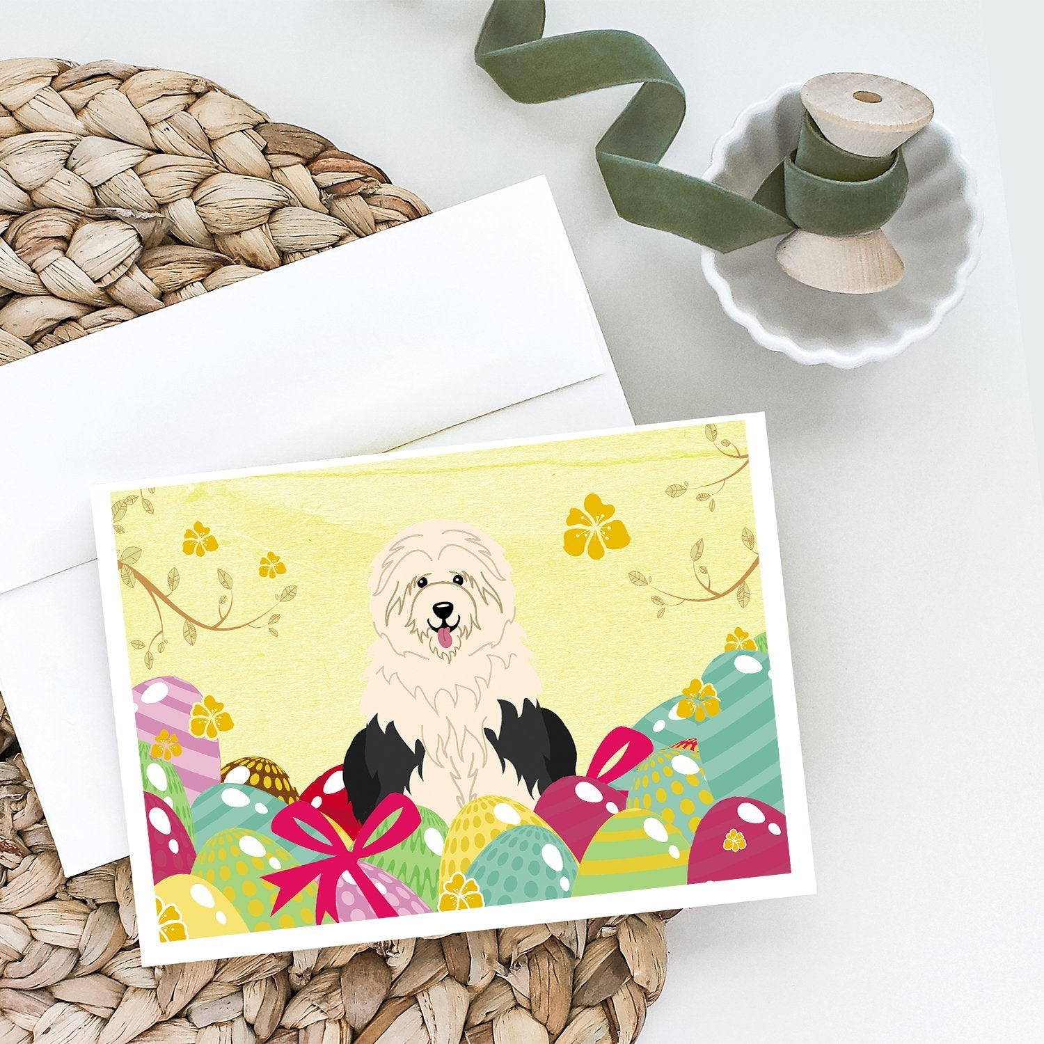 Easter Eggs Old English Sheepdog Greeting Cards Pack of 8 Blank Cards with Envelopes Whimsical A7 Size 5x7