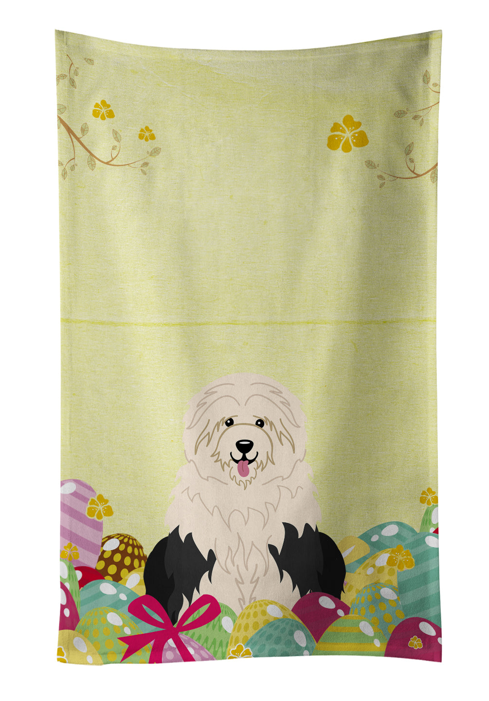 Easter Eggs Old English Sheepdog Kitchen Towel Velour Plush Front and Cotton Loop Back Machine Washable
