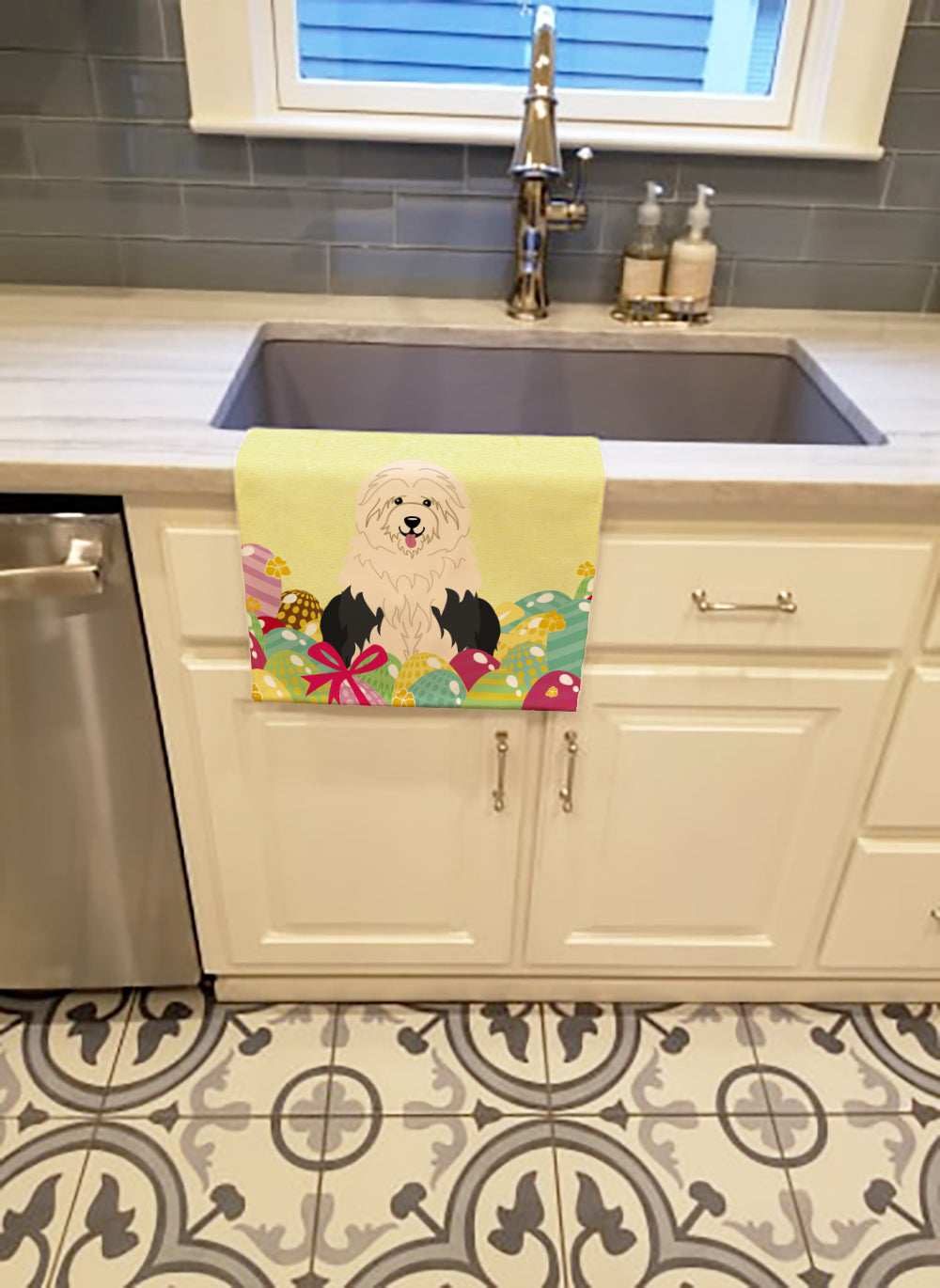 Easter Eggs Old English Sheepdog Kitchen Towel Velour Plush Front and Cotton Loop Back Machine Washable