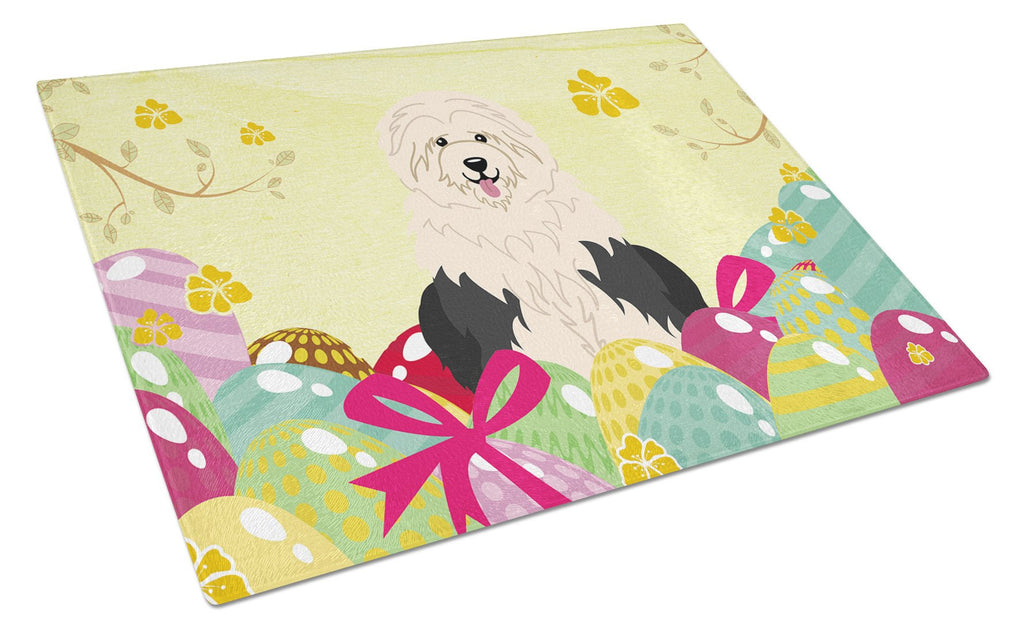 Easter Eggs Old English Sheepdog Cutting Board Tempered Glass Kitchen Cutting Surface, Heat Resistant Chopping, Non-Slip Feet, Food Prep & Serving
