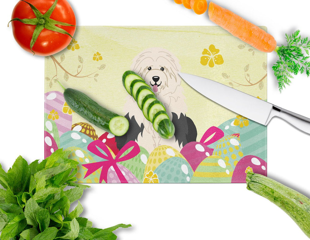 Easter Eggs Old English Sheepdog Cutting Board Tempered Glass Kitchen Cutting Surface, Heat Resistant Chopping, Non-Slip Feet, Food Prep & Serving