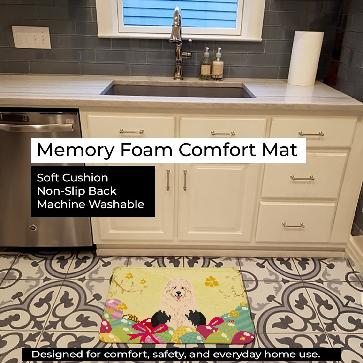 Easter Eggs Old English Sheepdog Memory Foam Kitchen Mat Machine Washable Anti-Fatigue Cushion Comfort Bath or Kitchen Rug