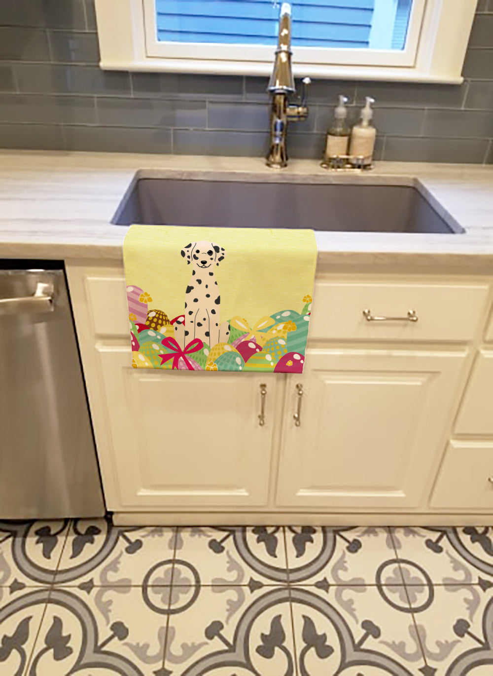 Easter Eggs Dalmatian Kitchen Towel Velour Plush Front and Cotton Loop Back Machine Washable