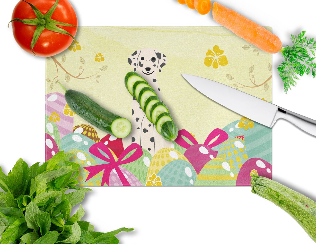 Easter Eggs Dalmatian Cutting Board Tempered Glass Kitchen Cutting Surface, Heat Resistant Chopping, Non-Slip Feet, Food Prep & Serving