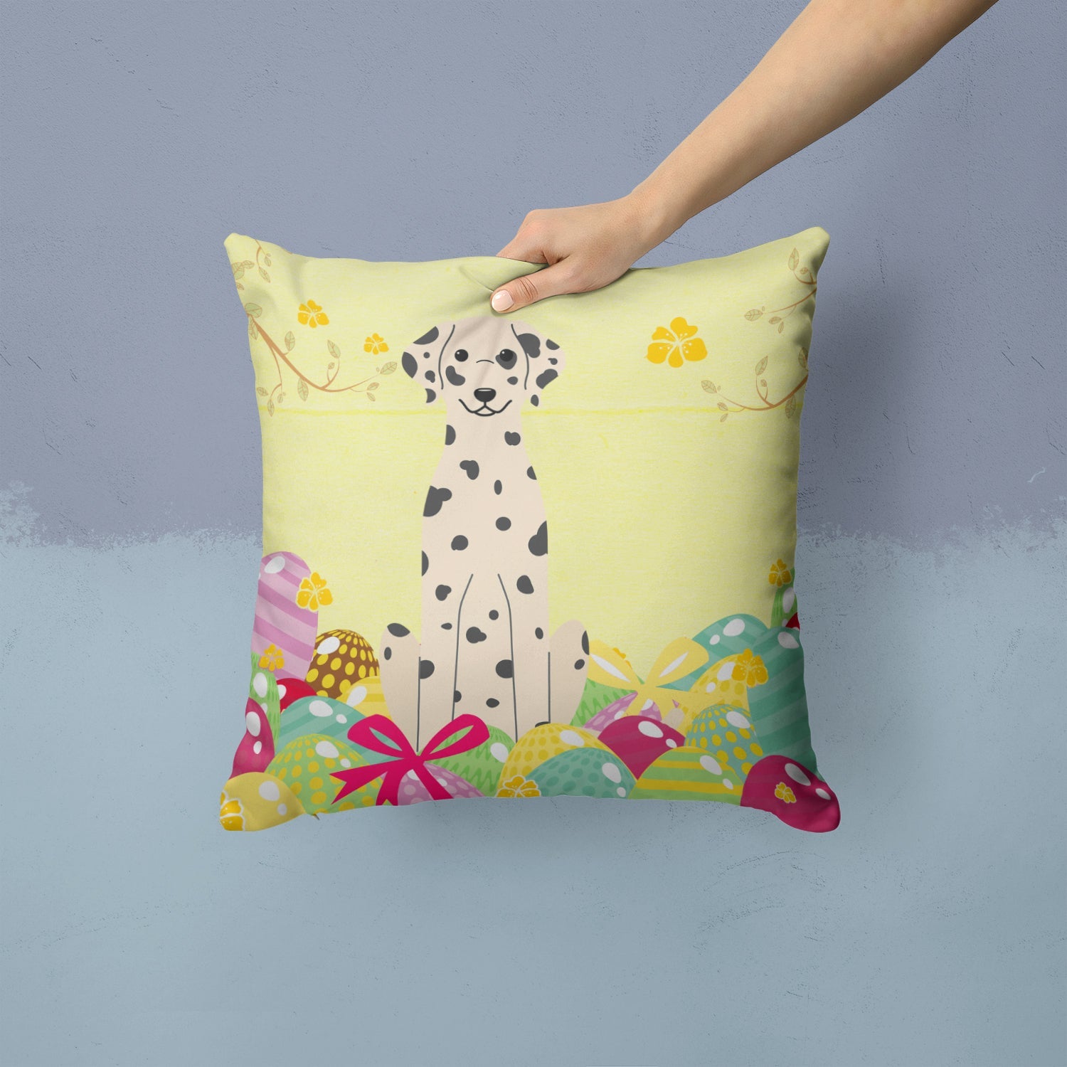 Easter Eggs Dalmatian Decorative Throw Pillow 14x14 Indoor Outdoor Accent Cushion, Fabric Cover with Insert for Sofa, Bed, Porch & Living Room