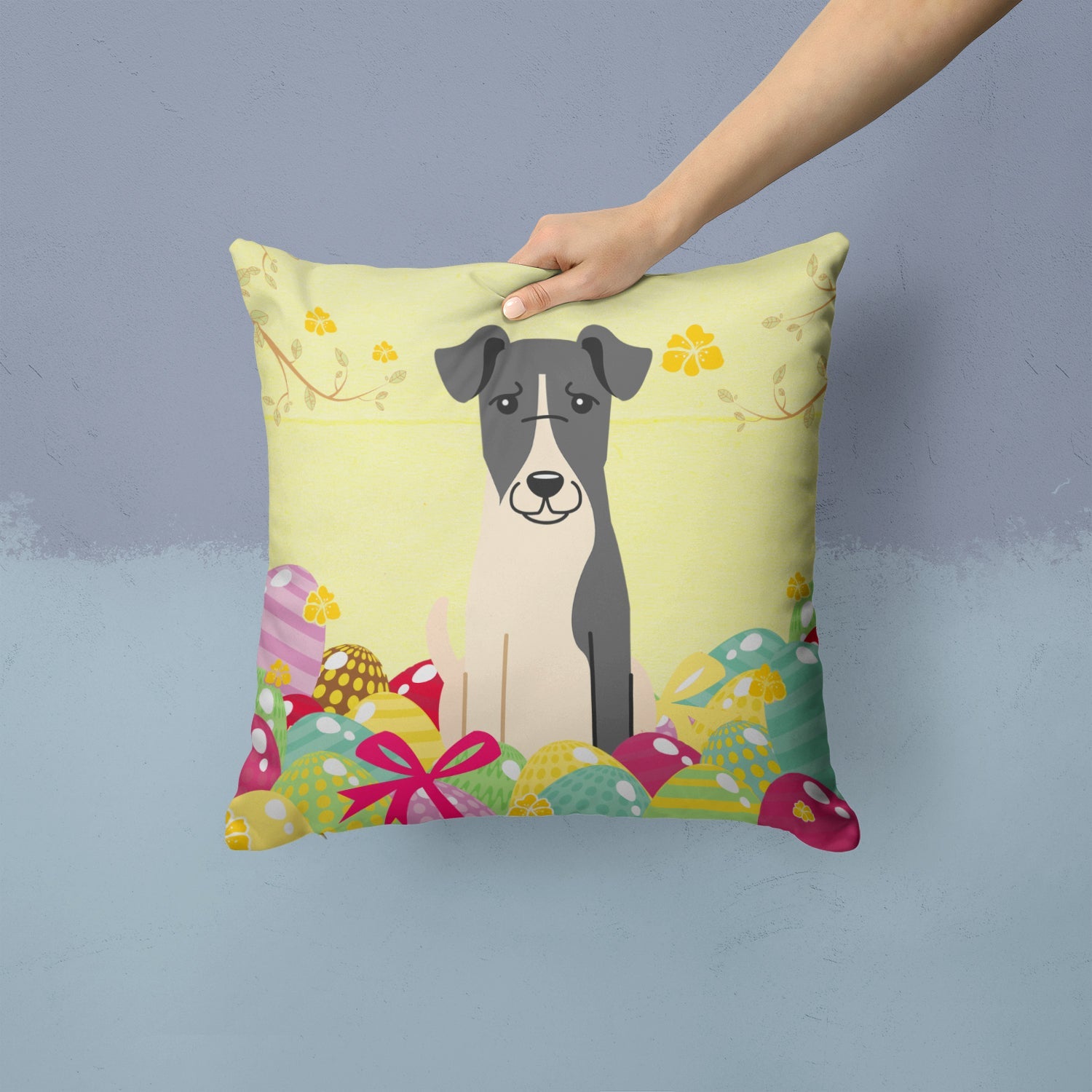 Easter Eggs Smooth Fox Terrier Decorative Throw Pillow 14x14 Indoor Outdoor Accent Cushion, Fabric Cover with Insert for Sofa, Bed, Porch & Living Room