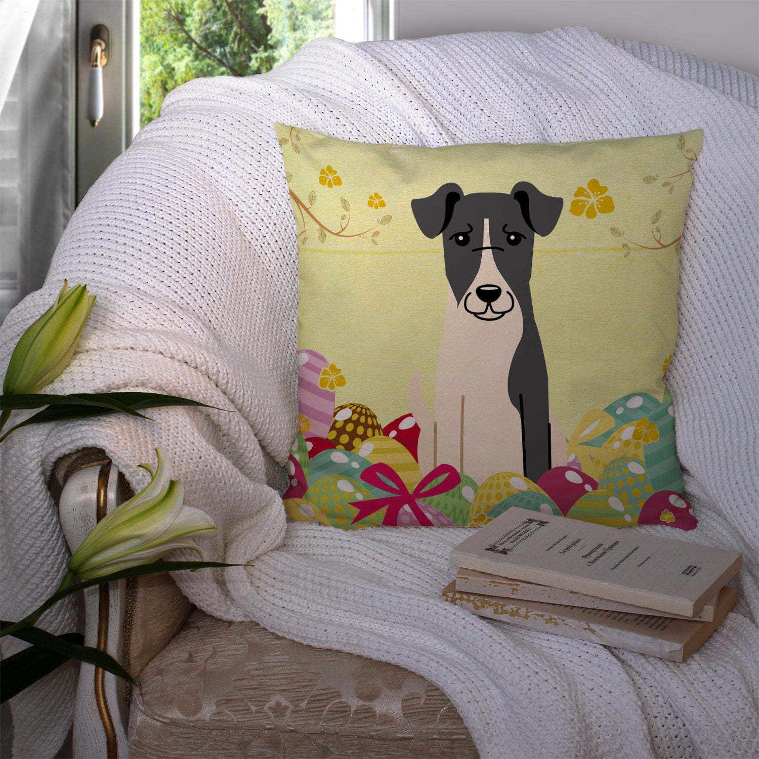 Easter Eggs Smooth Fox Terrier Decorative Throw Pillow 14x14 Indoor Outdoor Accent Cushion, Fabric Cover with Insert for Sofa, Bed, Porch & Living Room