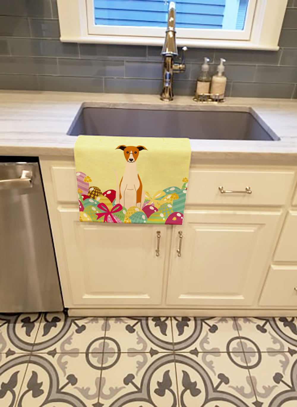 Easter Eggs Whippet Kitchen Towel Velour Plush Front and Cotton Loop Back Machine Washable