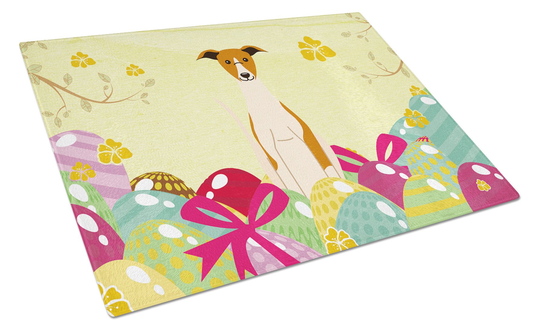 Easter Eggs Whippet Cutting Board Tempered Glass Kitchen Cutting Surface, Heat Resistant Chopping, Non-Slip Feet, Food Prep & Serving