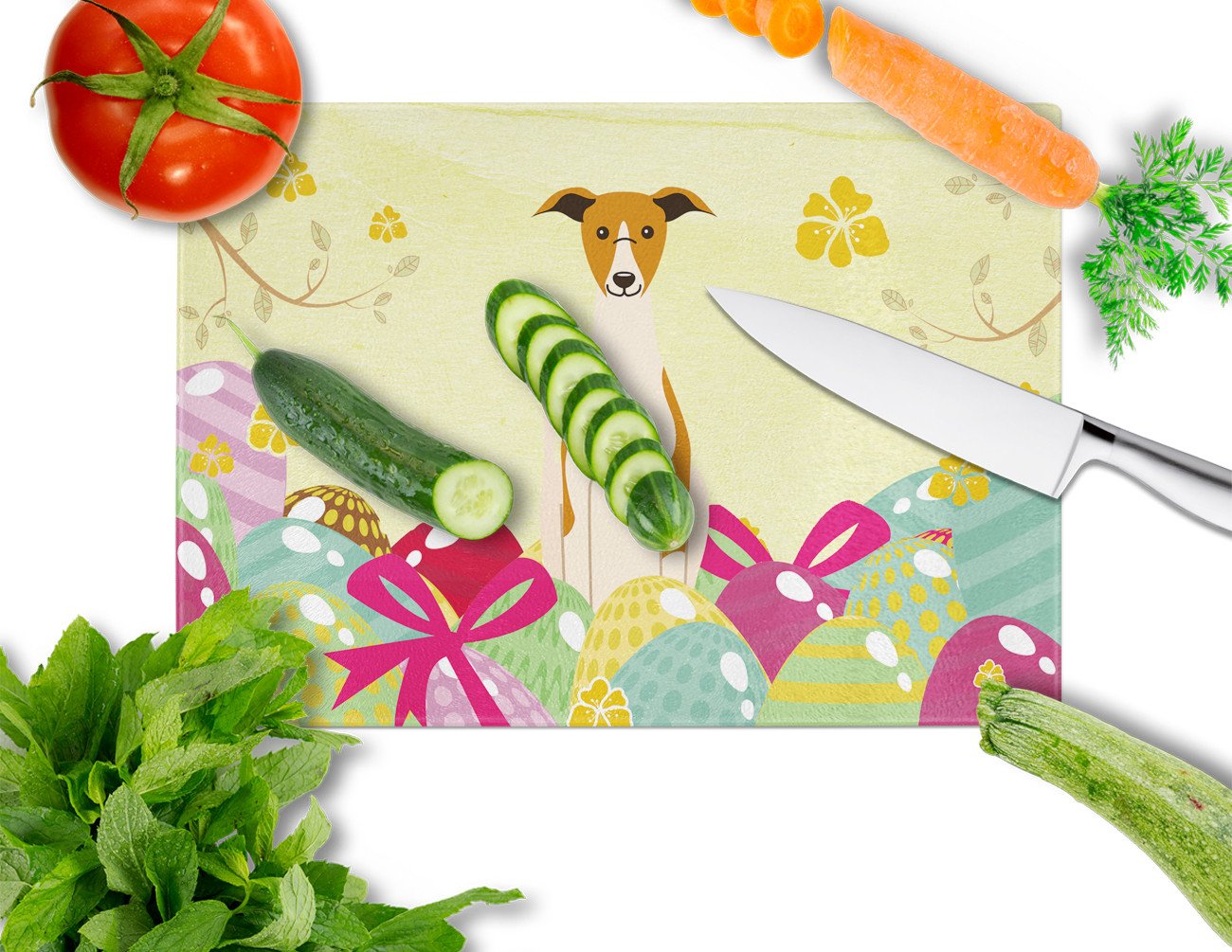 Easter Eggs Whippet Cutting Board Tempered Glass Kitchen Cutting Surface, Heat Resistant Chopping, Non-Slip Feet, Food Prep & Serving