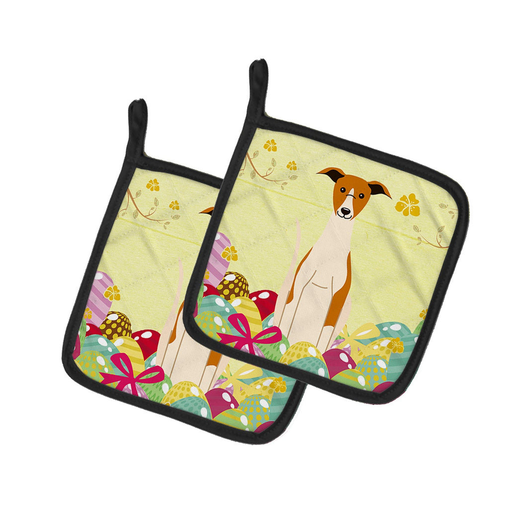 Easter Eggs Whippet Pot Holder Set of 2 Heat Resistant Quilted Hot Pads 7.5 x 7.5 Inch, Insulated Kitchen Trivets for Cooking & Baking