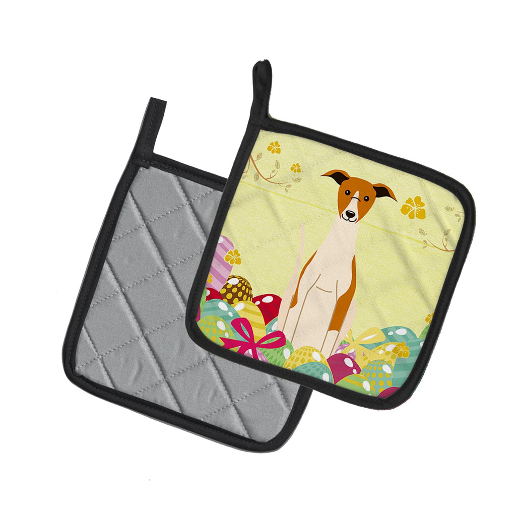 Easter Eggs Whippet Pot Holder Set of 2 Heat Resistant Quilted Hot Pads 7.5 x 7.5 Inch, Insulated Kitchen Trivets for Cooking & Baking