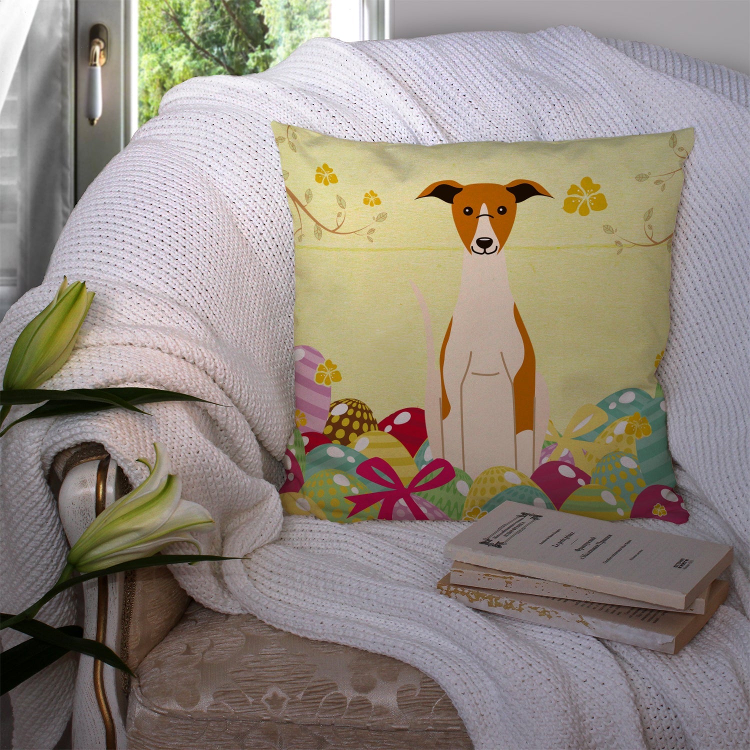 Easter Eggs Whippet Decorative Throw Pillow 14x14 Indoor Outdoor Accent Cushion, Fabric Cover with Insert for Sofa, Bed, Porch & Living Room