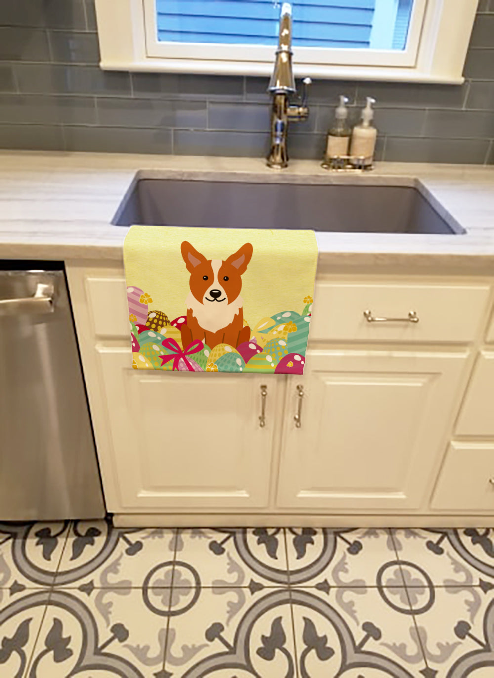 Easter Eggs Corgi Kitchen Towel Velour Plush Front and Cotton Loop Back Machine Washable