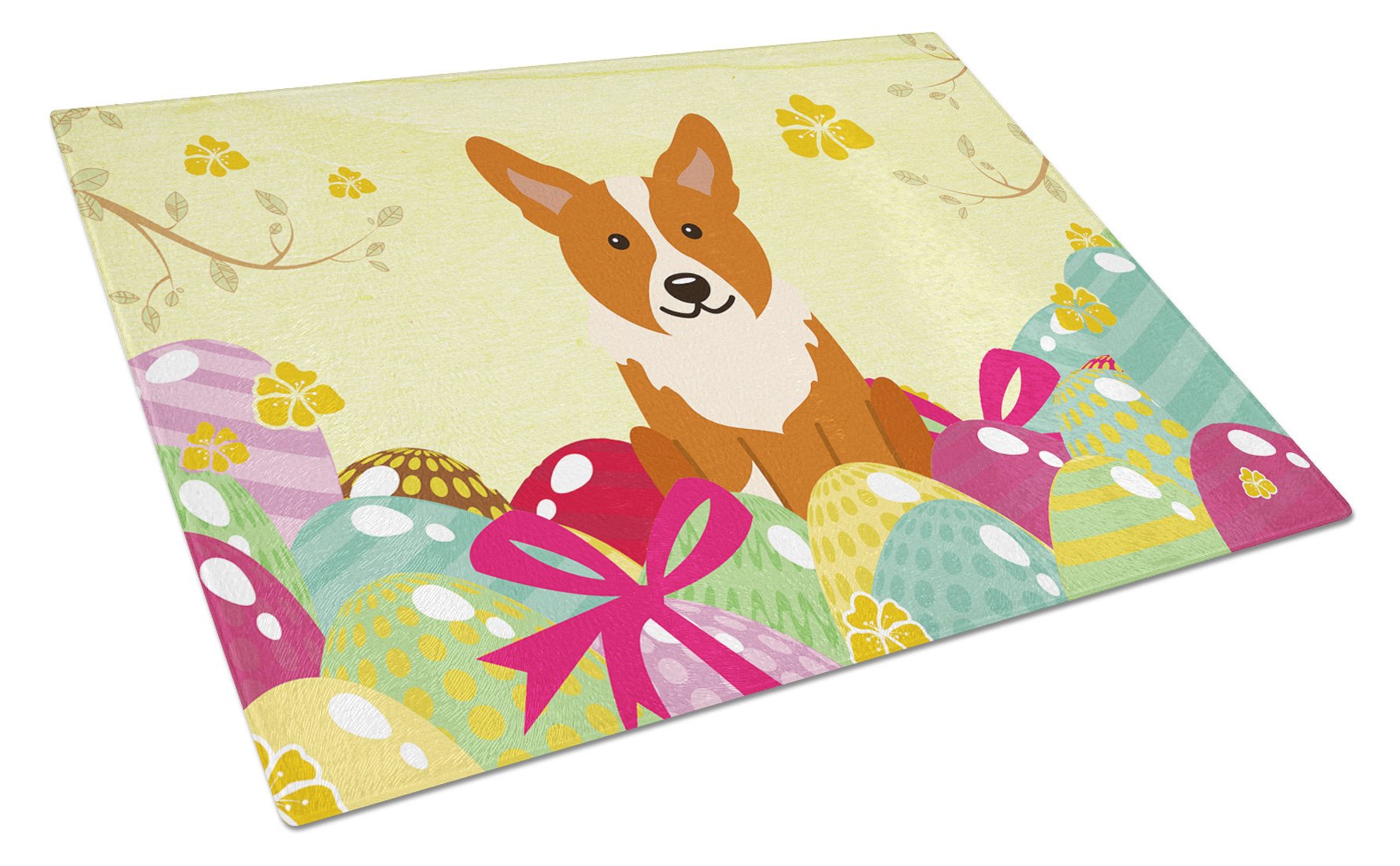 Easter Eggs Corgi Cutting Board Tempered Glass Kitchen Cutting Surface, Heat Resistant Chopping, Non-Slip Feet, Food Prep & Serving