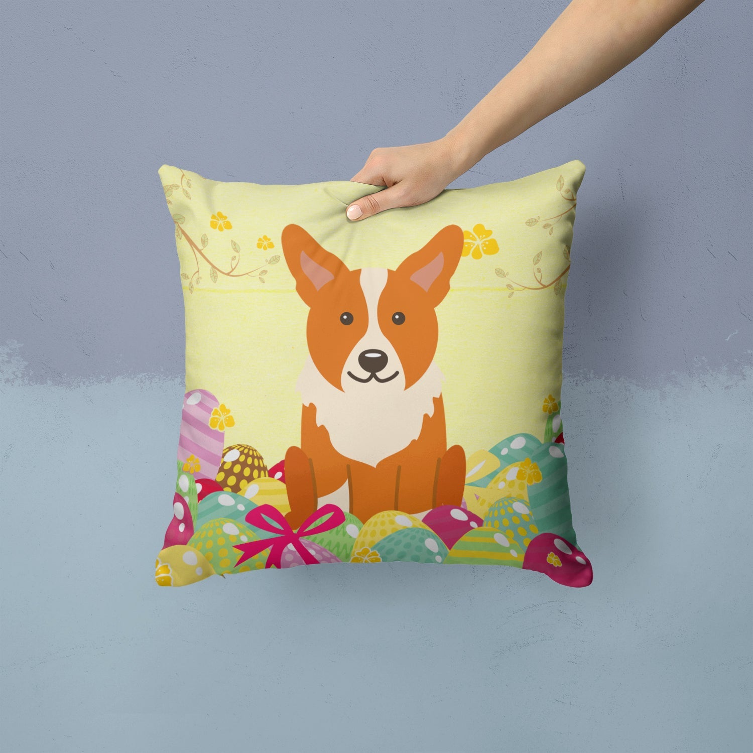 Easter Eggs Corgi Decorative Throw Pillow 14x14 Indoor Outdoor Accent Cushion, Fabric Cover with Insert for Sofa, Bed, Porch & Living Room