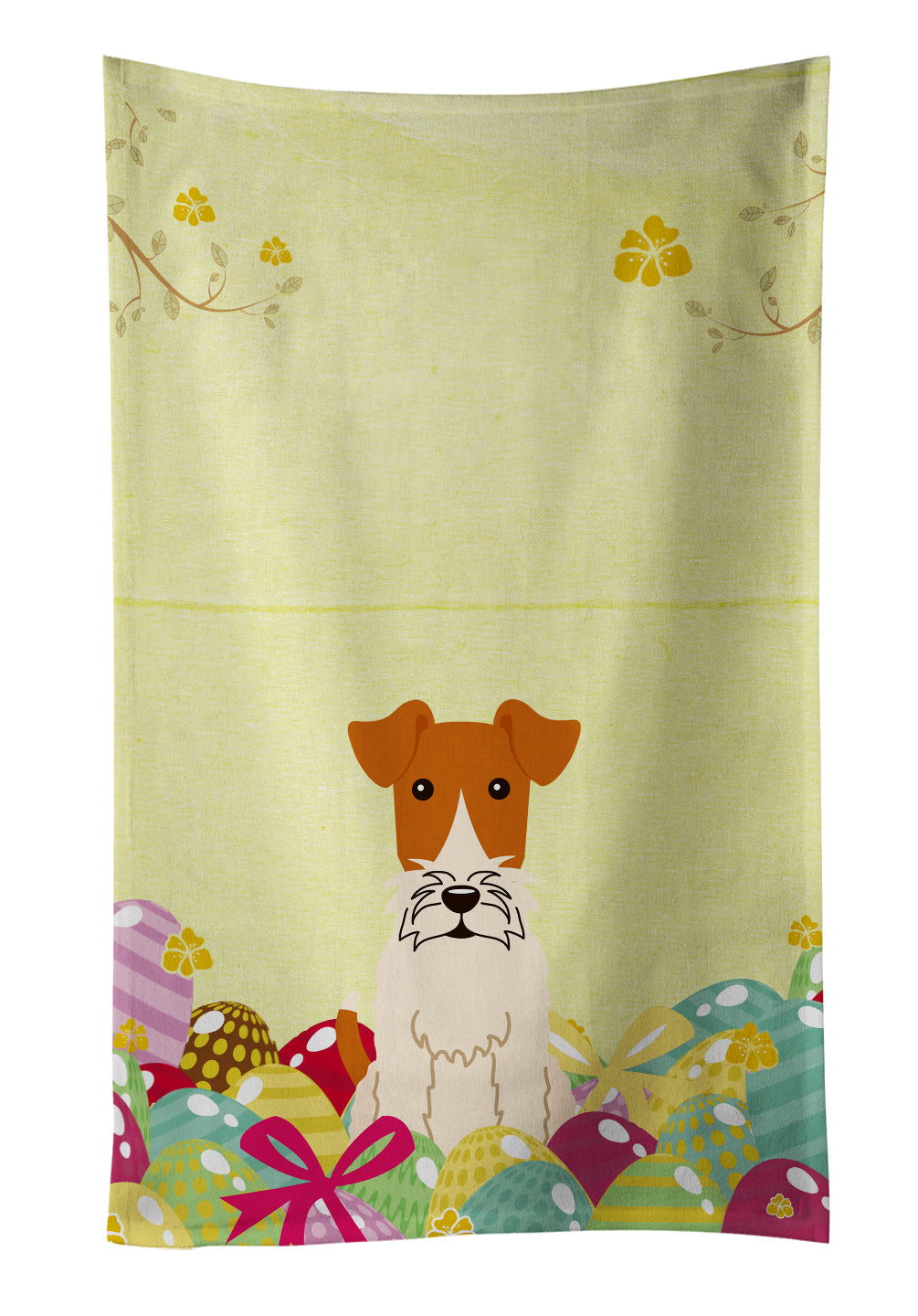 Easter Eggs Wire Fox Terrier Kitchen Towel Velour Plush Front and Cotton Loop Back Machine Washable