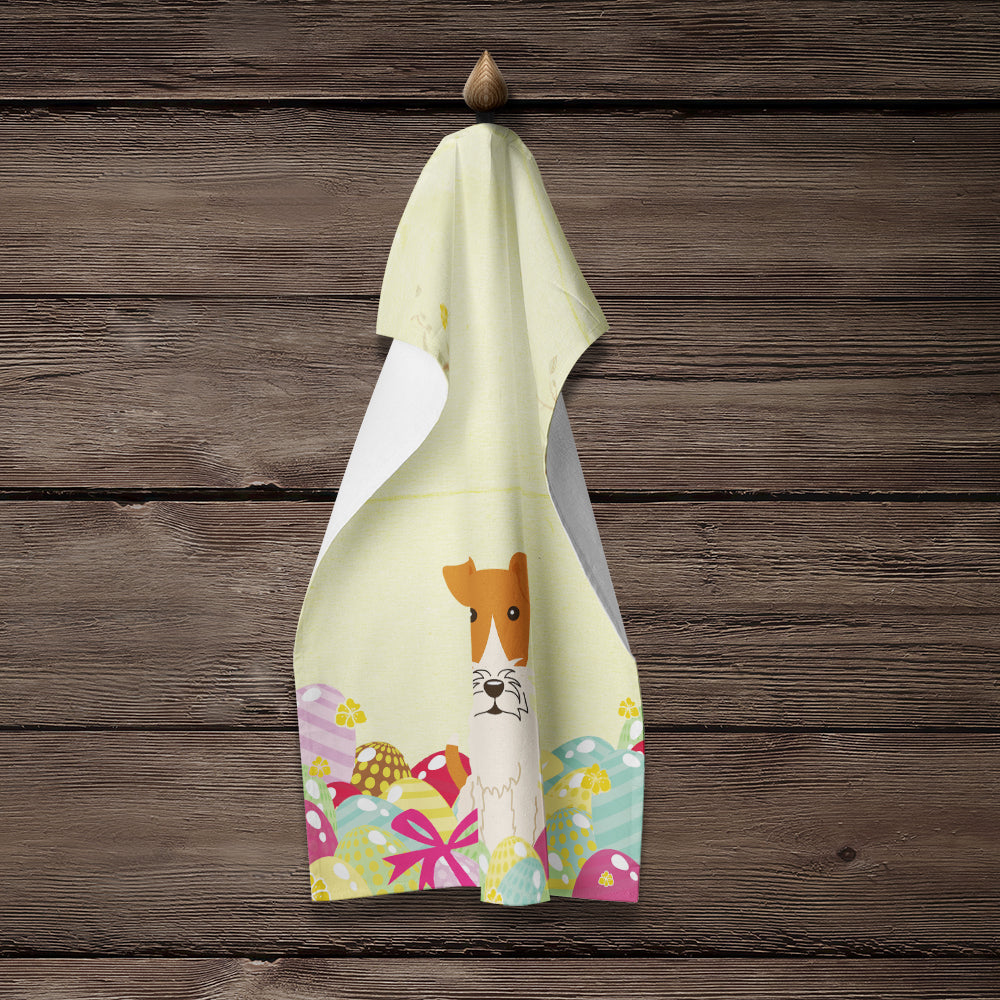 Easter Eggs Wire Fox Terrier Kitchen Towel Velour Plush Front and Cotton Loop Back Machine Washable