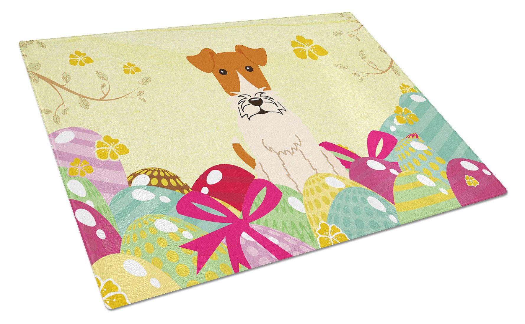 Easter Eggs Wire Fox Terrier Cutting Board Tempered Glass Kitchen Cutting Surface, Heat Resistant Chopping, Non-Slip Feet, Food Prep & Serving