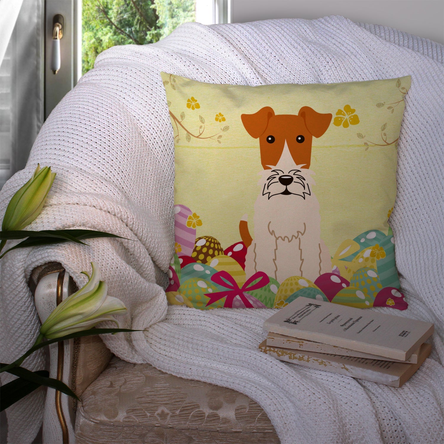 Easter Eggs Wire Fox Terrier Decorative Throw Pillow 14x14 Indoor Outdoor Accent Cushion, Fabric Cover with Insert for Sofa, Bed, Porch & Living Room