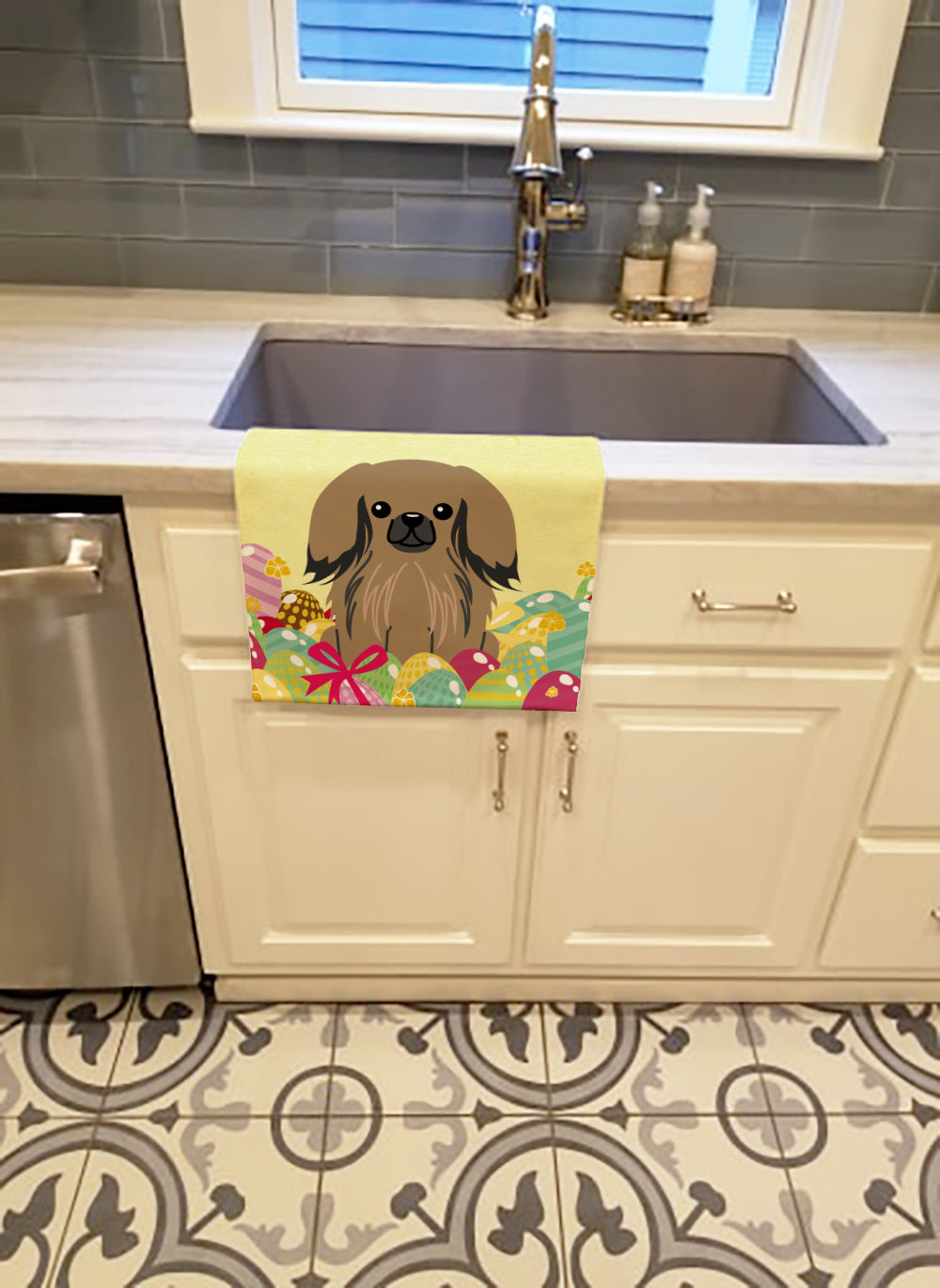 Easter Eggs Pekingese Tan Kitchen Towel Velour Plush Front and Cotton Loop Back Machine Washable