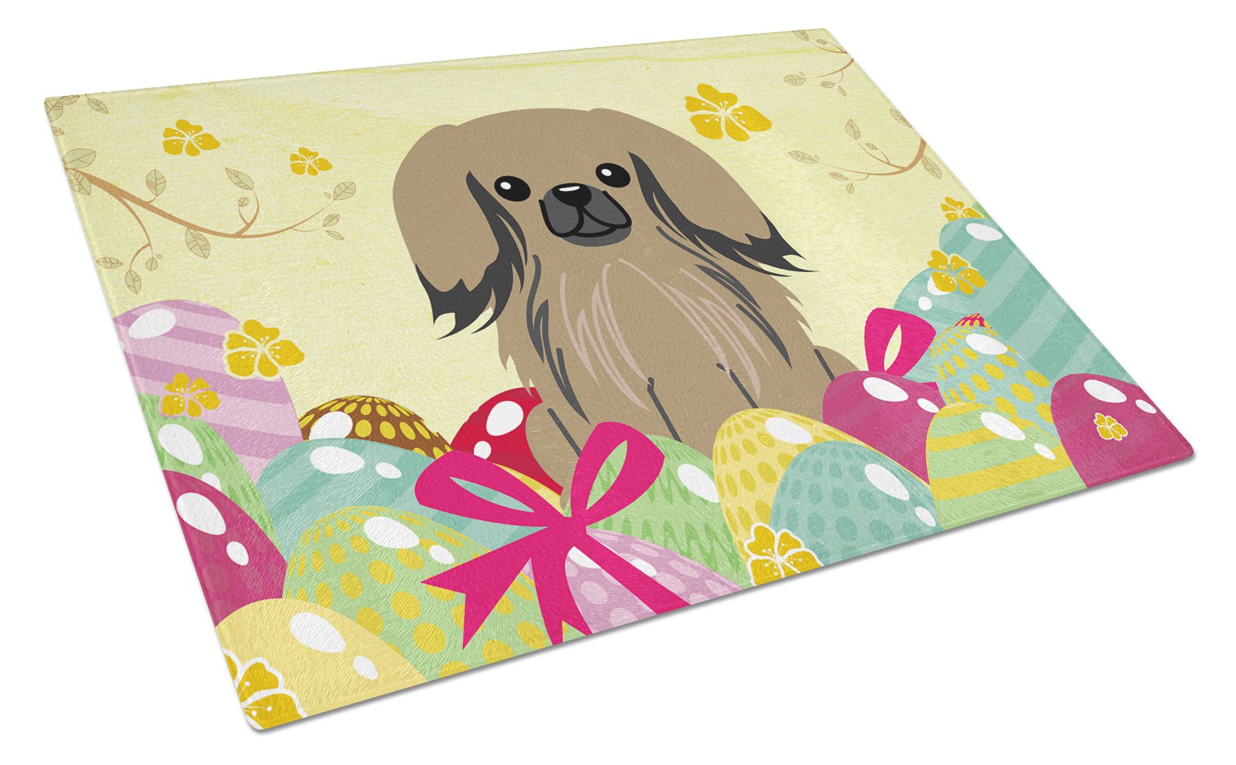 Easter Eggs Pekingese Tan Cutting Board Tempered Glass Kitchen Cutting Surface, Heat Resistant Chopping, Non-Slip Feet, Food Prep & Serving