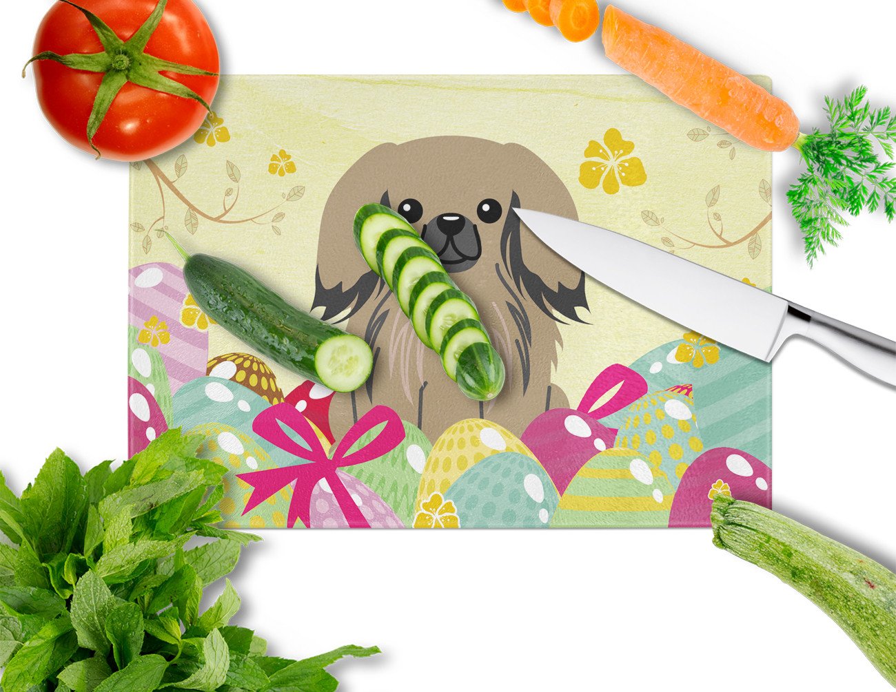 Easter Eggs Pekingese Tan Cutting Board Tempered Glass Kitchen Cutting Surface, Heat Resistant Chopping, Non-Slip Feet, Food Prep & Serving