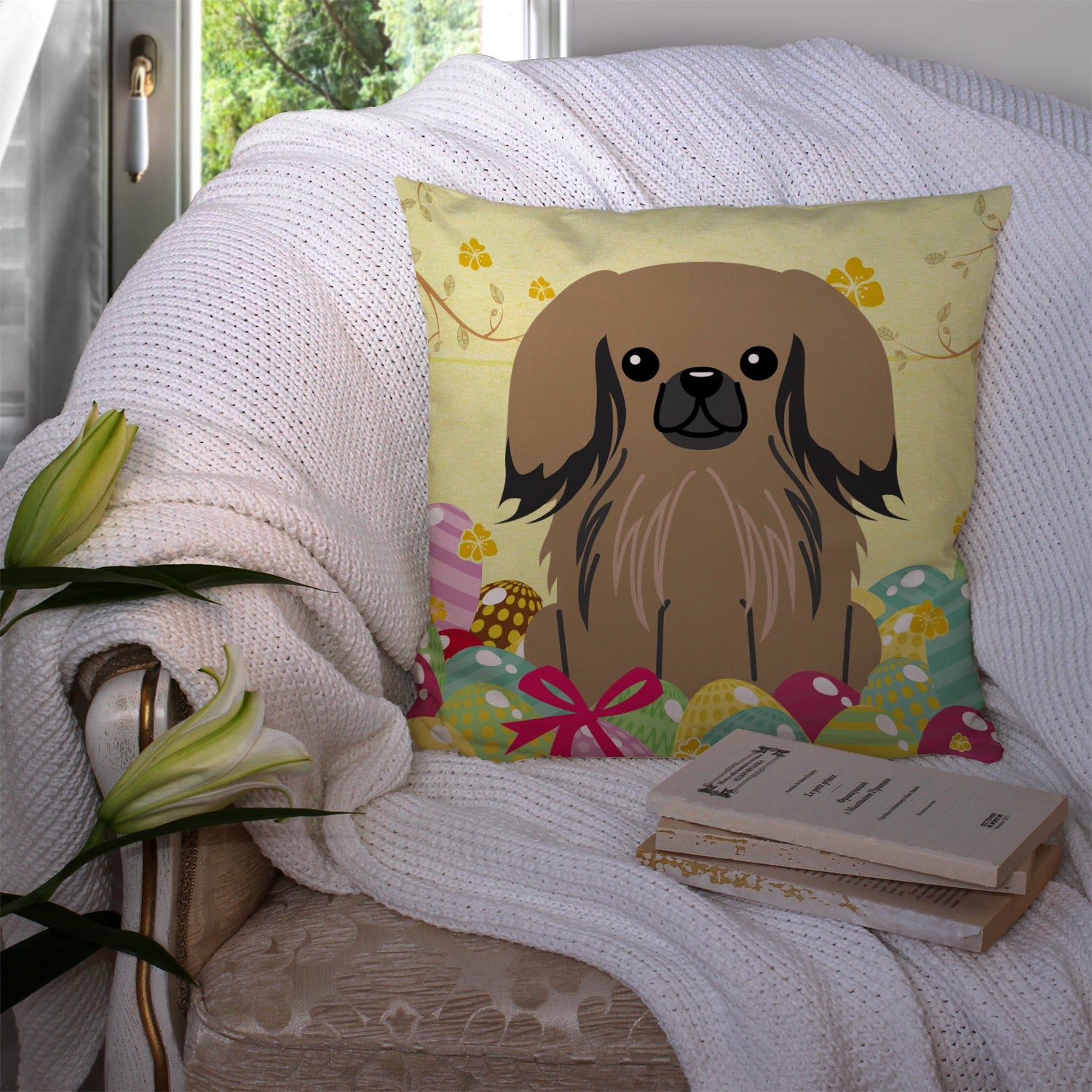Easter Eggs Pekingese Tan Decorative Throw Pillow 14x14 Indoor Outdoor Accent Cushion, Fabric Cover with Insert for Sofa, Bed, Porch & Living Room