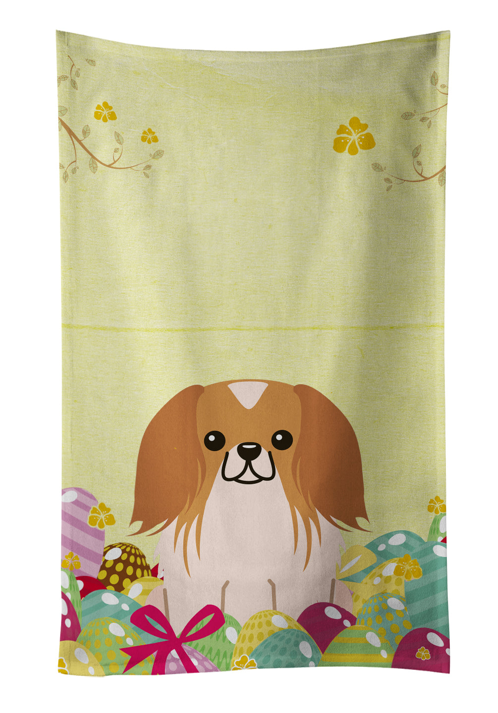 Easter Eggs Pekingese Red White Kitchen Towel Velour Plush Front and Cotton Loop Back Machine Washable