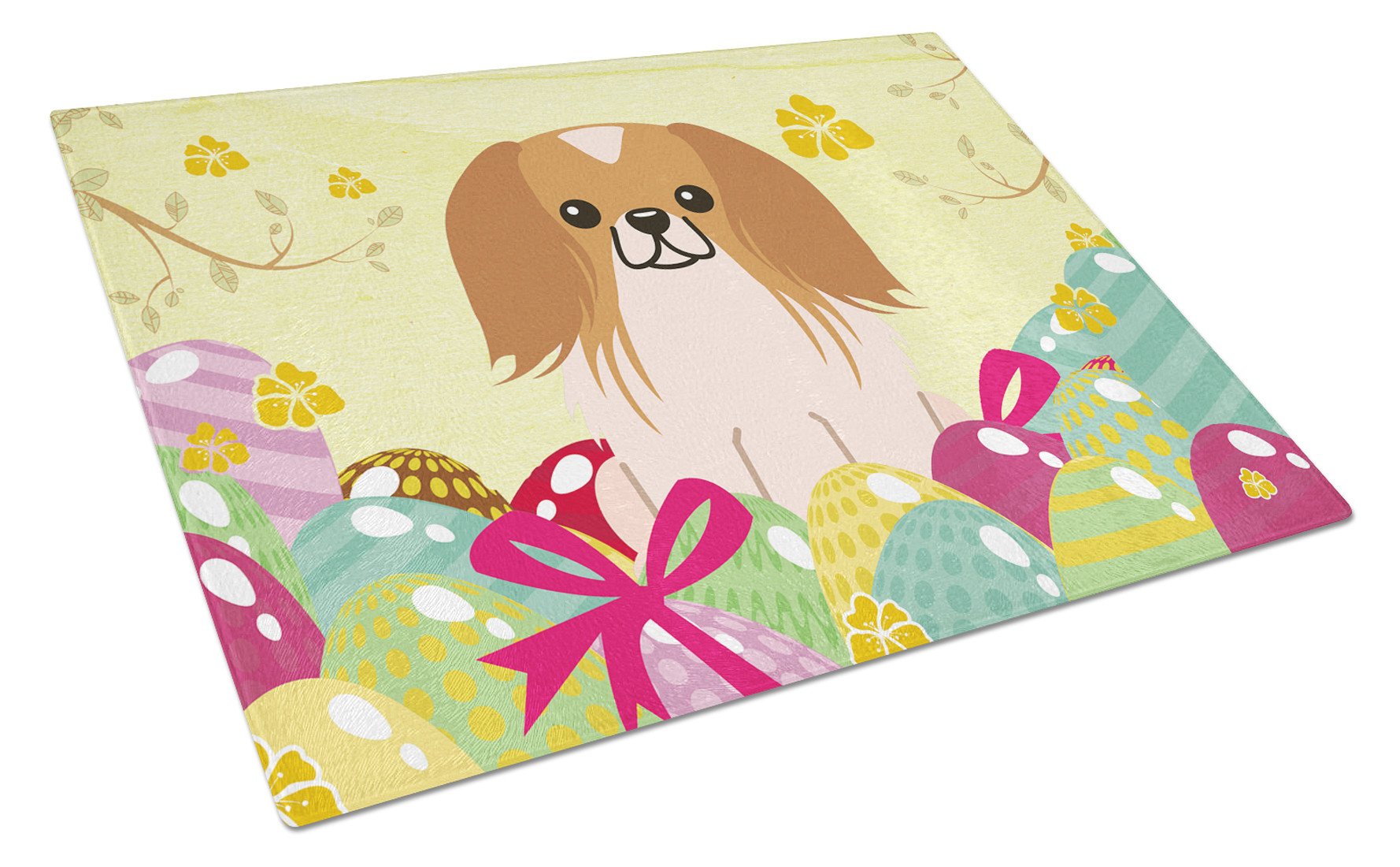Easter Eggs Pekingese Red White Cutting Board Tempered Glass Kitchen Cutting Surface, Heat Resistant Chopping, Non-Slip Feet, Food Prep & Serving