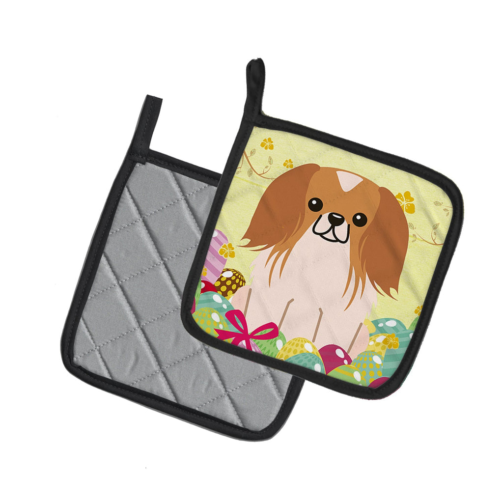 Easter Eggs Pekingese Red White Pot Holder Set of 2 Heat Resistant Quilted Hot Pads 7.5 x 7.5 Inch, Insulated Kitchen Trivets for Cooking & Baking