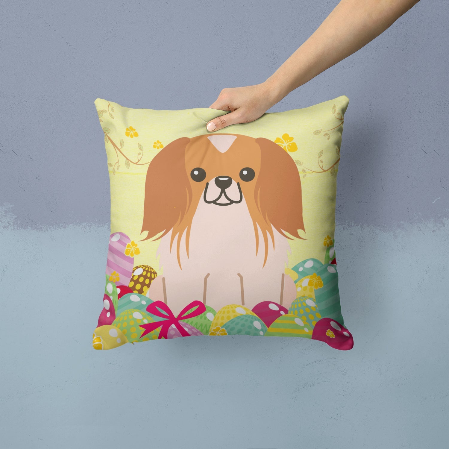 Easter Eggs Pekingese Red White Decorative Throw Pillow 14x14 Indoor Outdoor Accent Cushion, Fabric Cover with Insert for Sofa, Bed, Porch & Living Room
