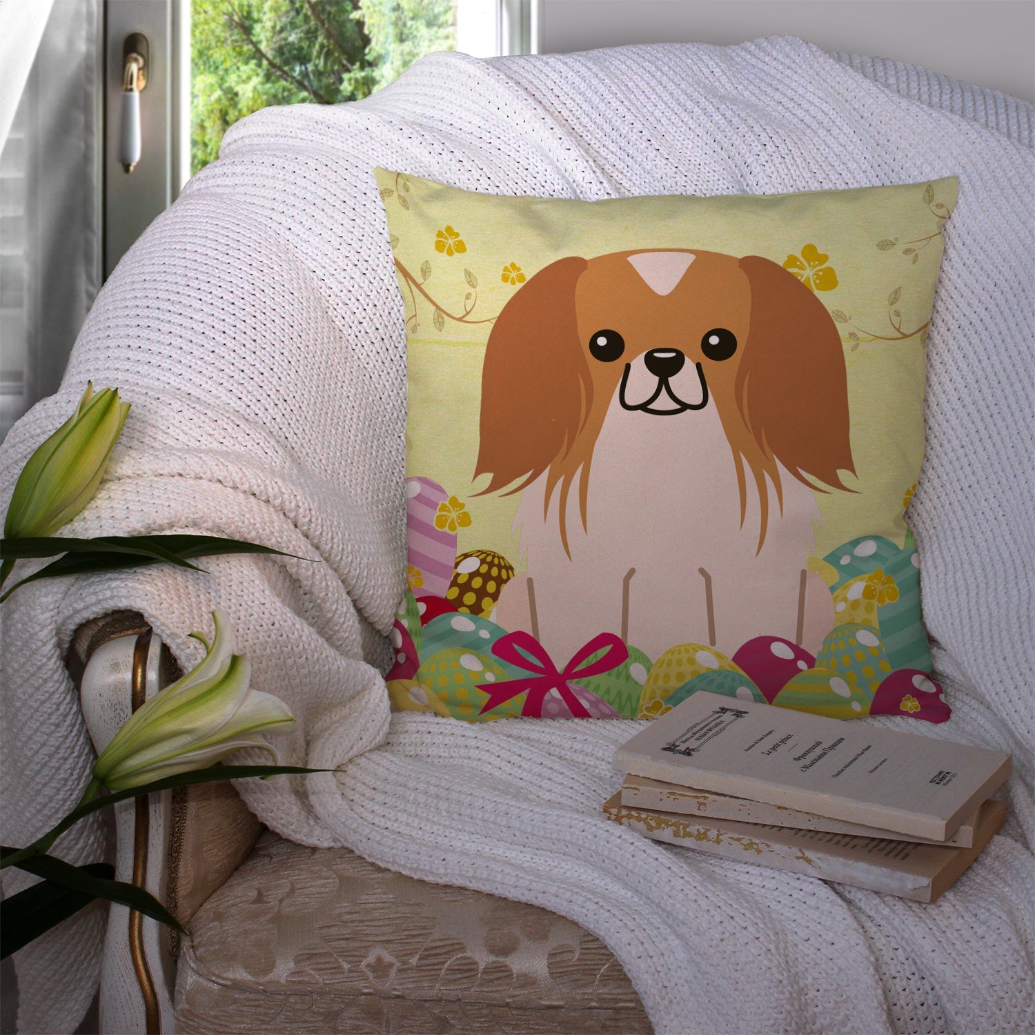 Easter Eggs Pekingese Red White Decorative Throw Pillow 14x14 Indoor Outdoor Accent Cushion, Fabric Cover with Insert for Sofa, Bed, Porch & Living Room