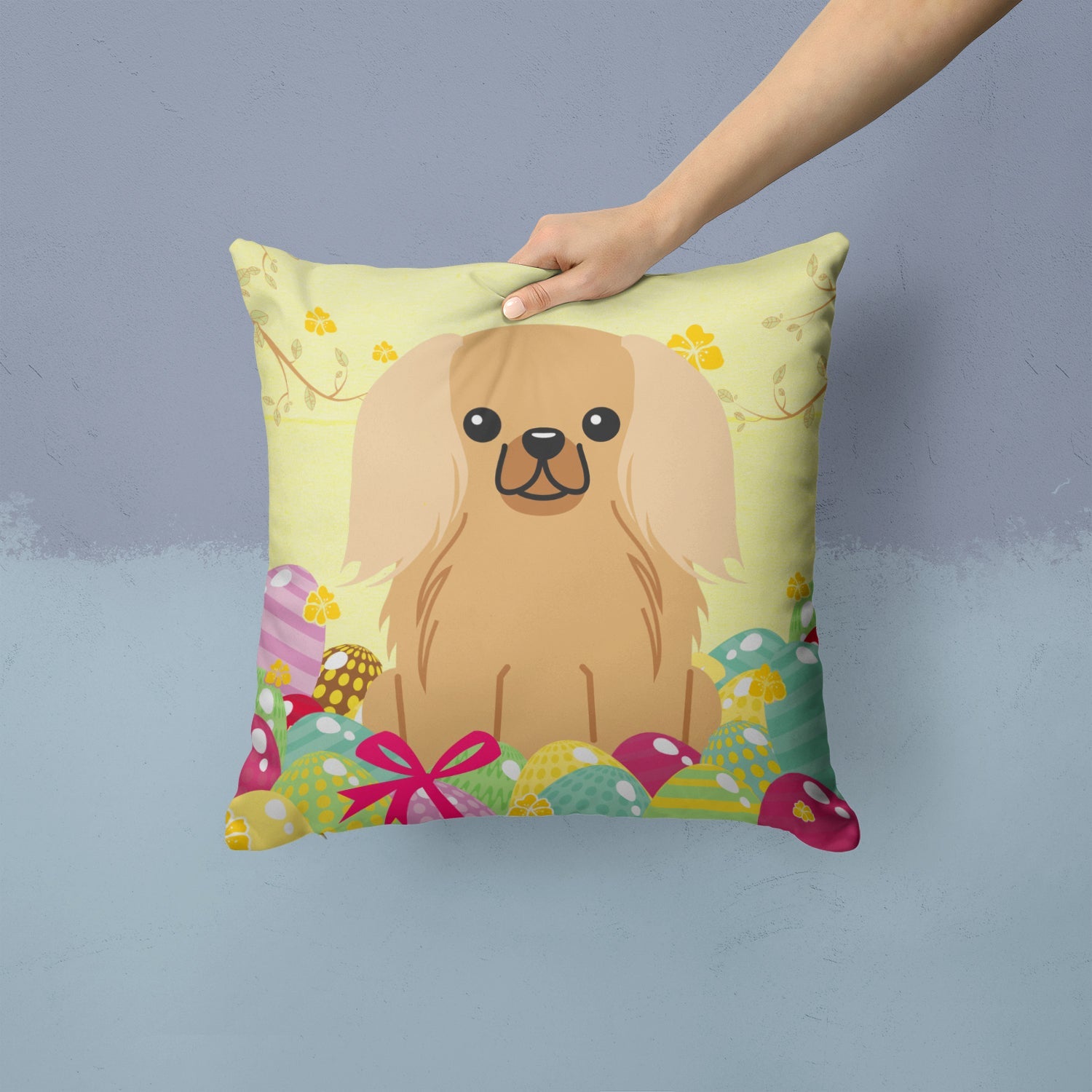 Easter Eggs Pekingese Fawn Sable Decorative Throw Pillow 14x14 Indoor Outdoor Accent Cushion, Fabric Cover with Insert for Sofa, Bed, Porch & Living Room