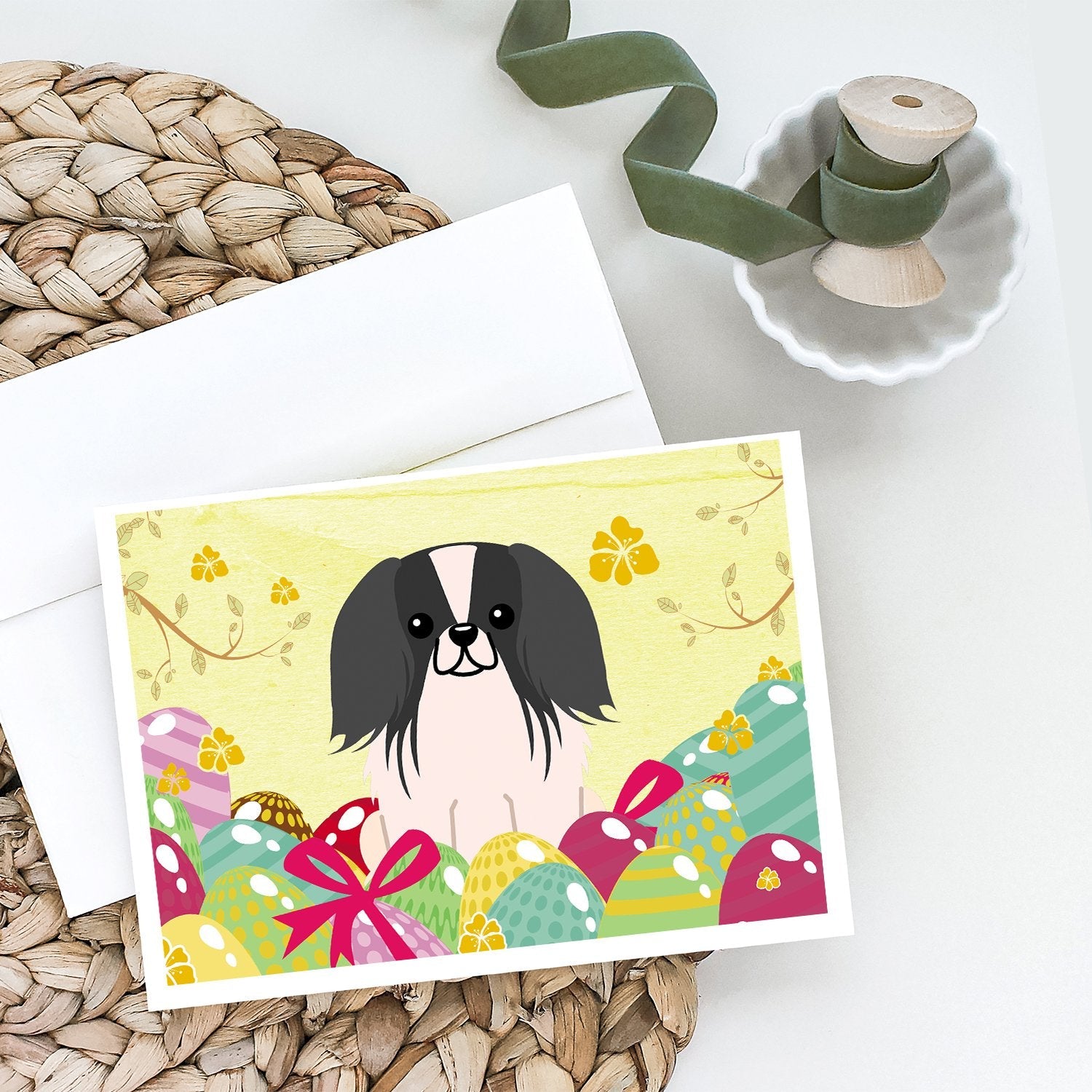 Easter Eggs Pekingese Black White Greeting Cards Pack of 8 Blank Cards with Envelopes Whimsical A7 Size 5x7