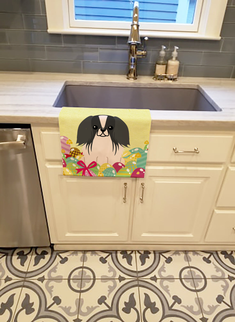 Easter Eggs Pekingese Black White Kitchen Towel Velour Plush Front and Cotton Loop Back Machine Washable