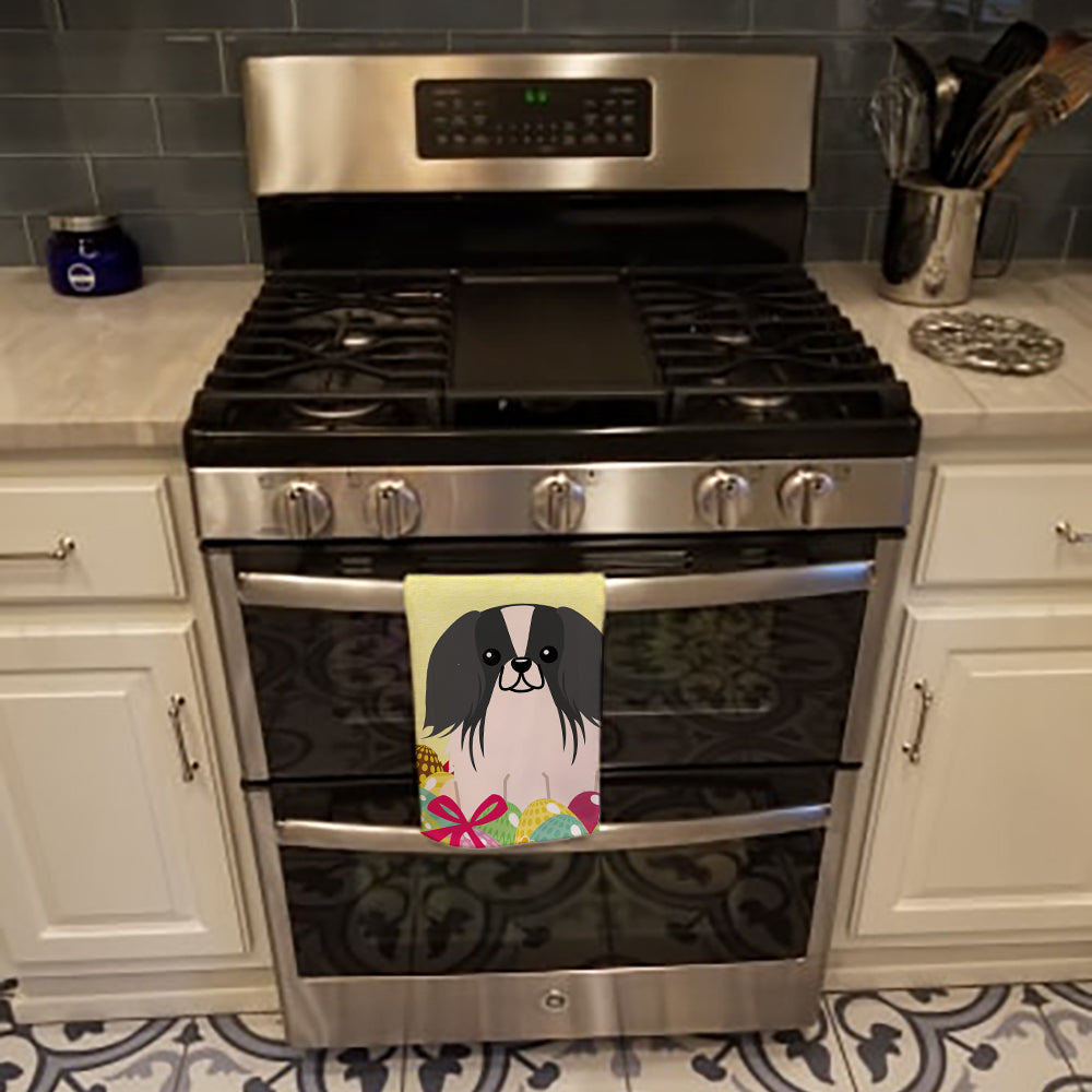 Easter Eggs Pekingese Black White Kitchen Towel Velour Plush Front and Cotton Loop Back Machine Washable
