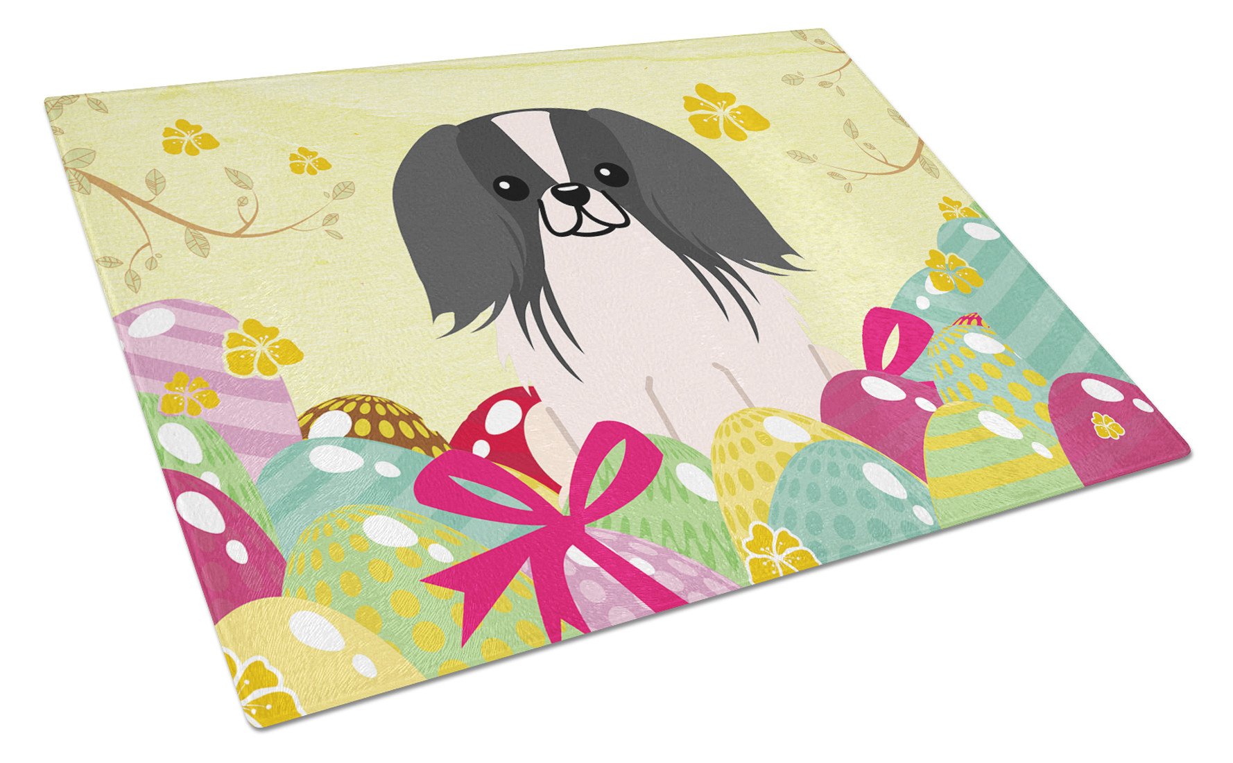 Easter Eggs Pekingese Black White Cutting Board Tempered Glass Kitchen Cutting Surface, Heat Resistant Chopping, Non-Slip Feet, Food Prep & Serving